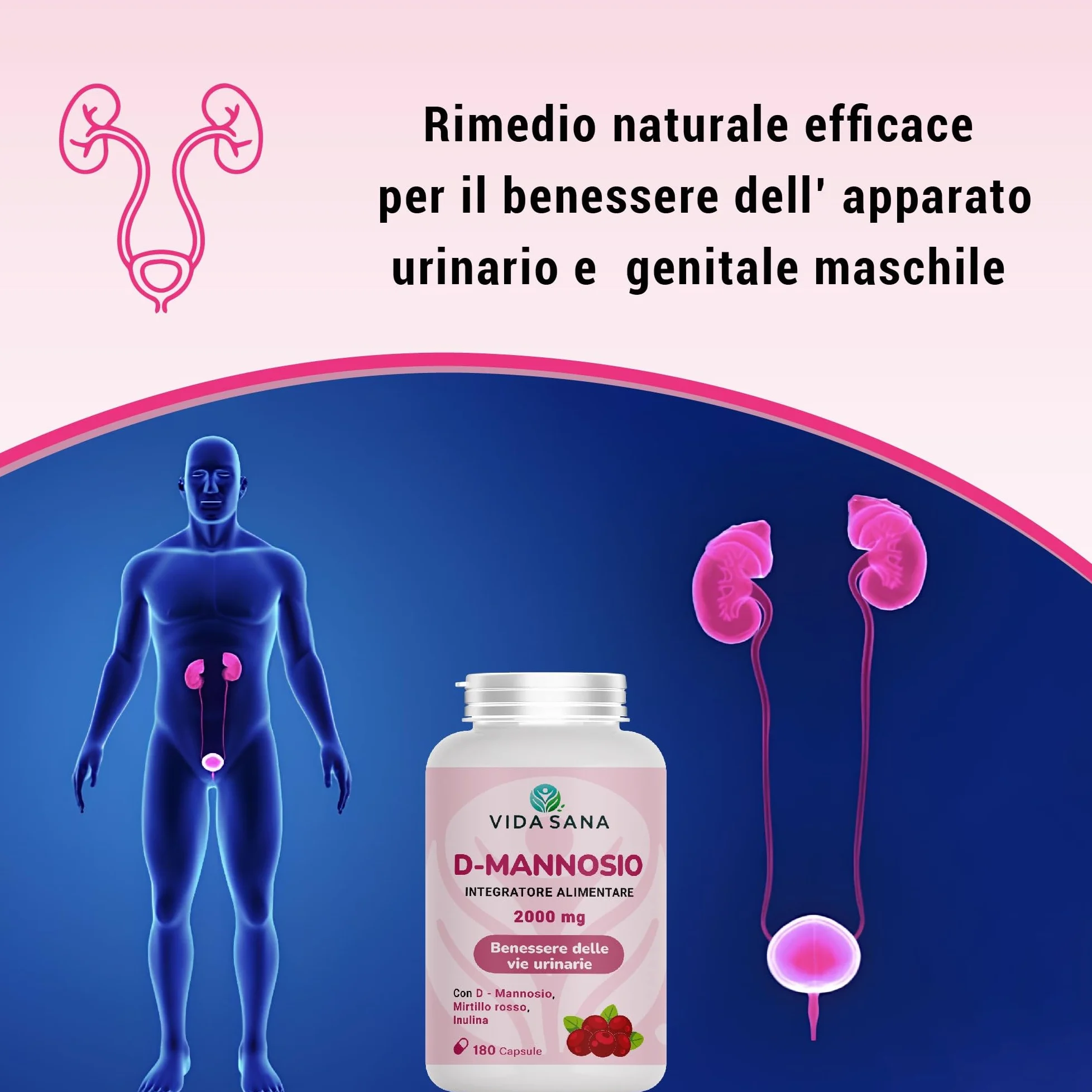 D-Mannosio Puro 2200 mg con Mirtillo Rosso 180 Capsule Integratore per Vie Urinarie e Cistite