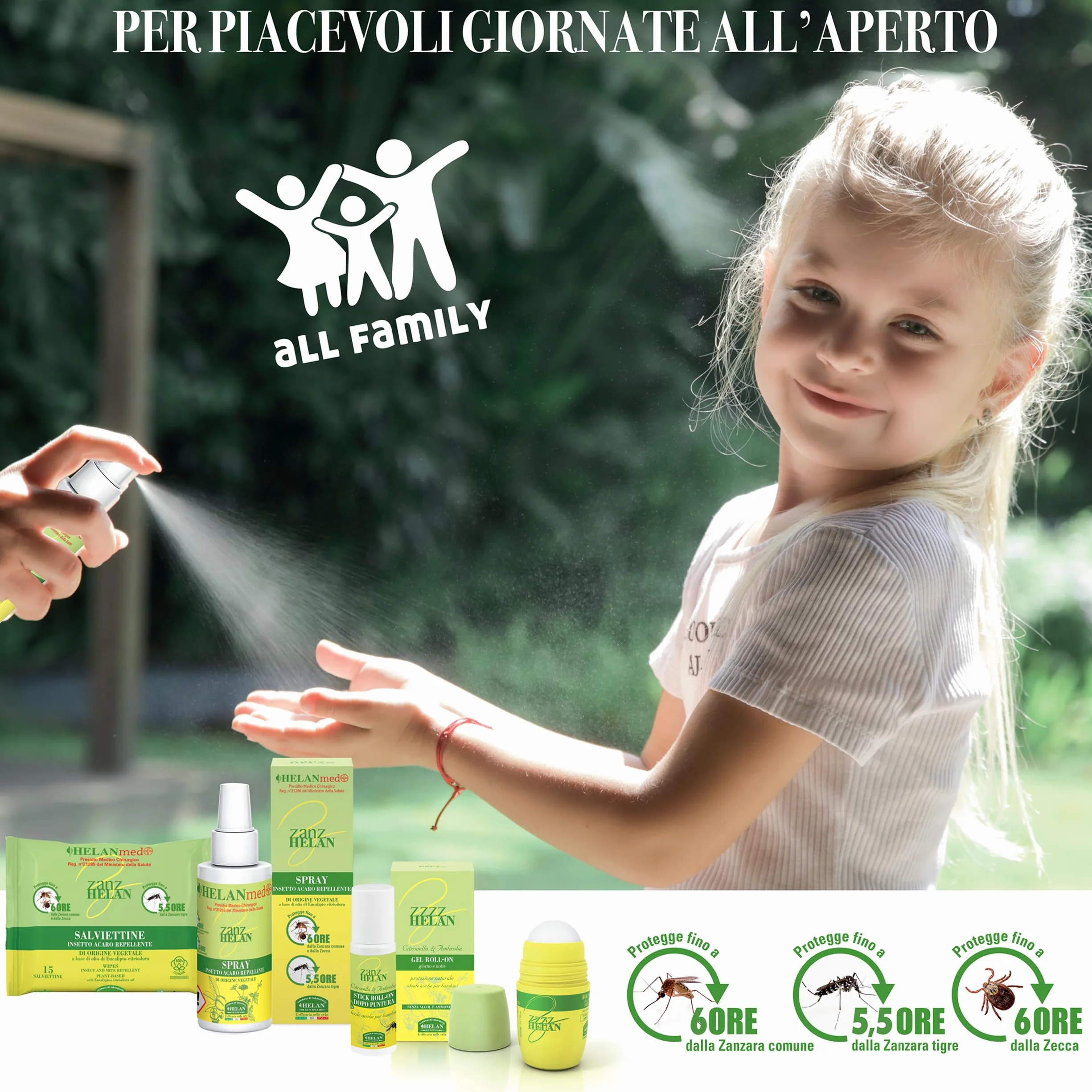 Helan Med Zanzhelan Salviette Umidificate Antizanzare 100% Cotone Bio Olio di Neem 15 Salviettine Repellente Zanzare Zecche 6 Ore