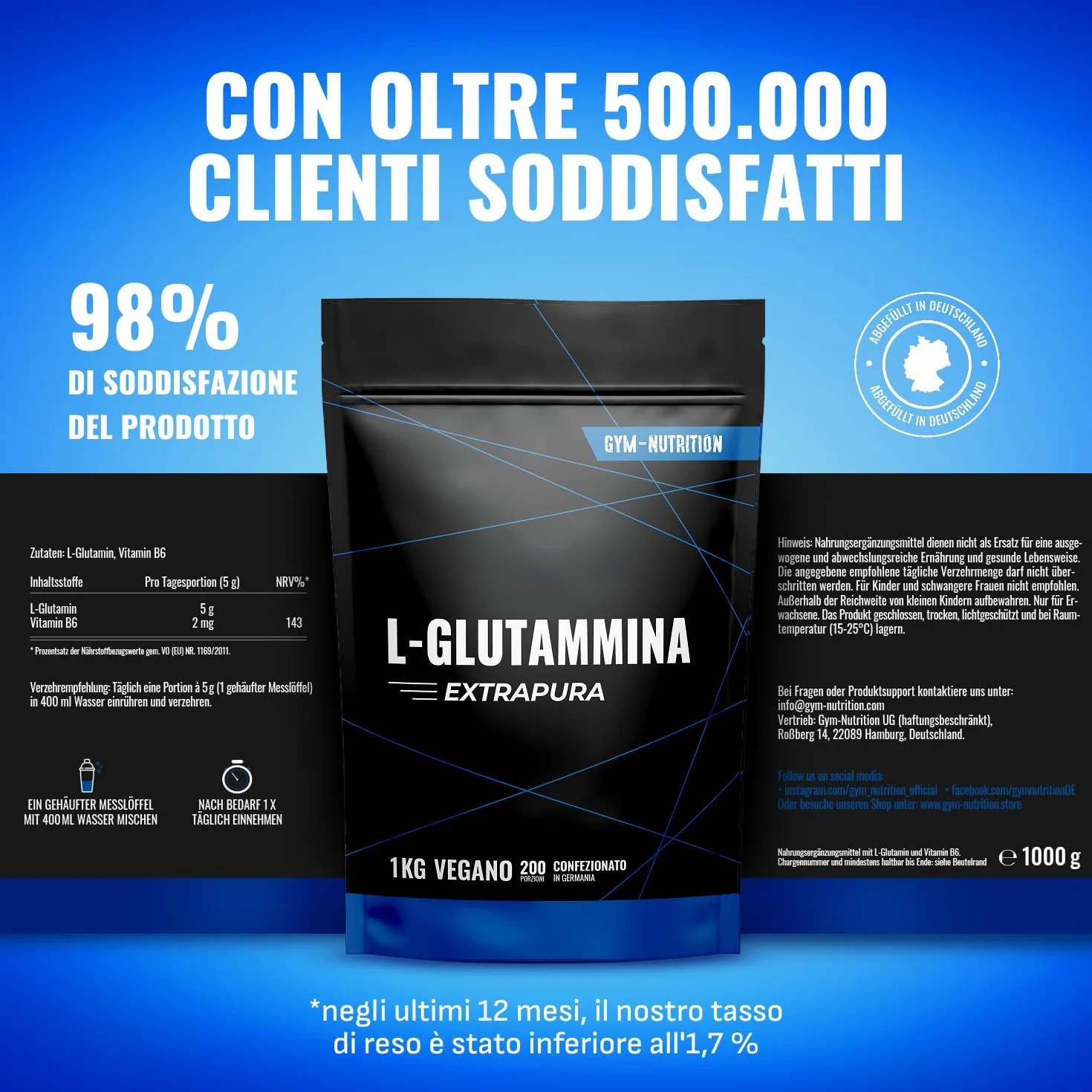 Glutammina in Polvere - 1 KG - 200 Porzioni - L-Glutammina Extra Pura con Vitamina B6 - Vegana e Prodotta in Germania - Glutamina Polvere