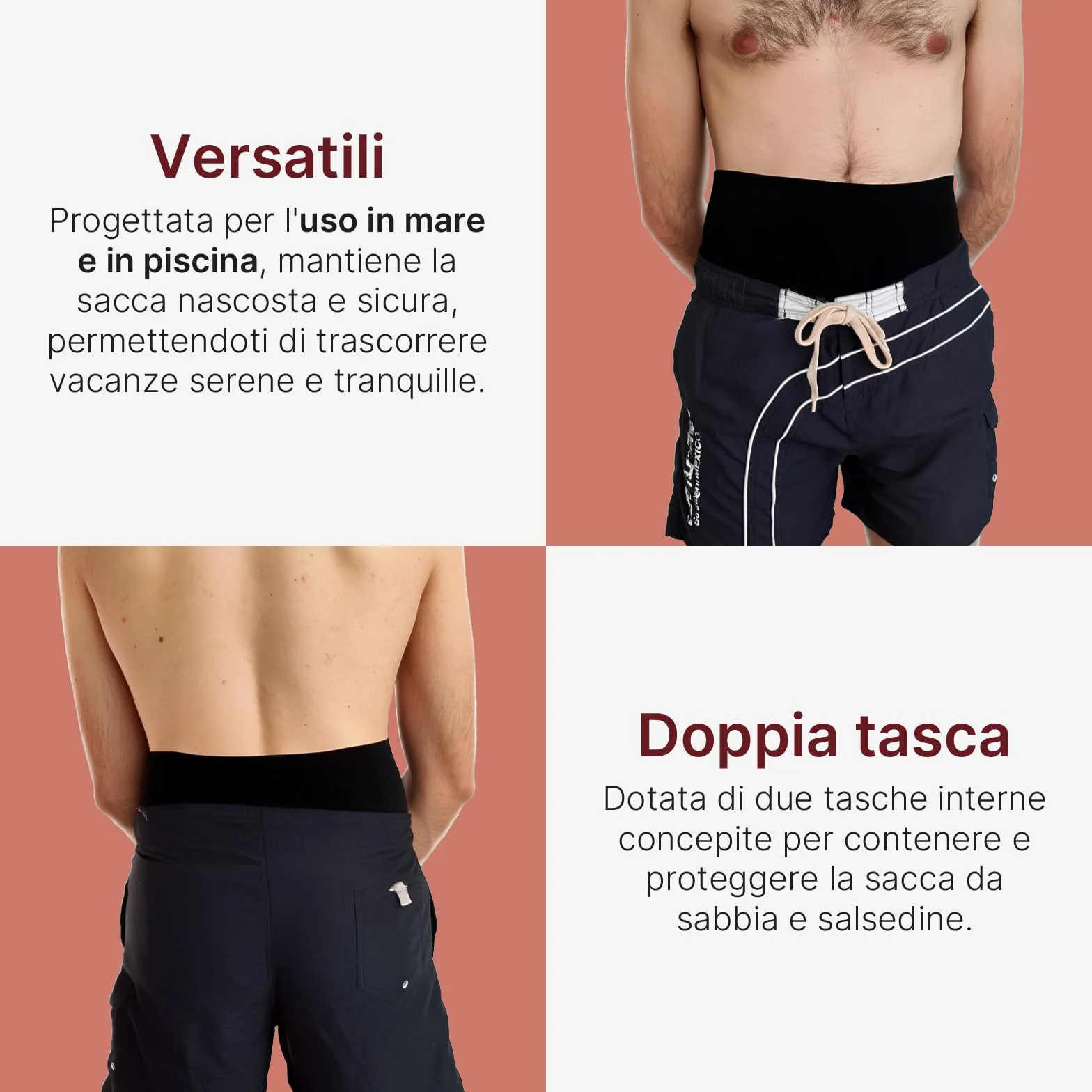 Fascia Costume Plus per Stomia da Uomo per Mare e Piscina, Doppia Tasca Interna per Sacca, Maggiore Stabilità e Discrezione, Made in Italy