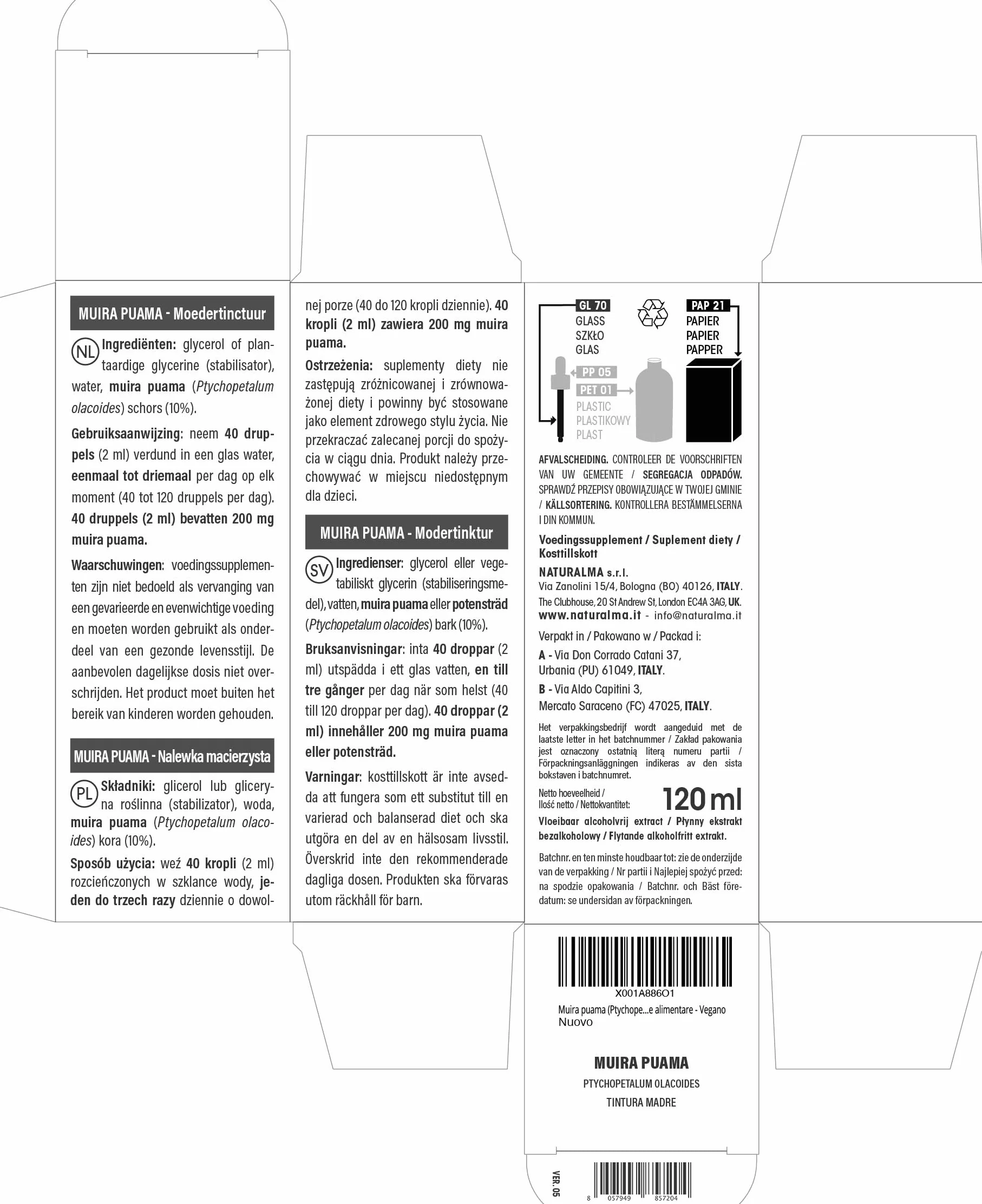 Muira puama (Ptychopetalum olacoides) cortecce Tintura Madre analcoolica Naturalma - Estratto liquido gocce 120 ml - Integratore alimentare - Vegano