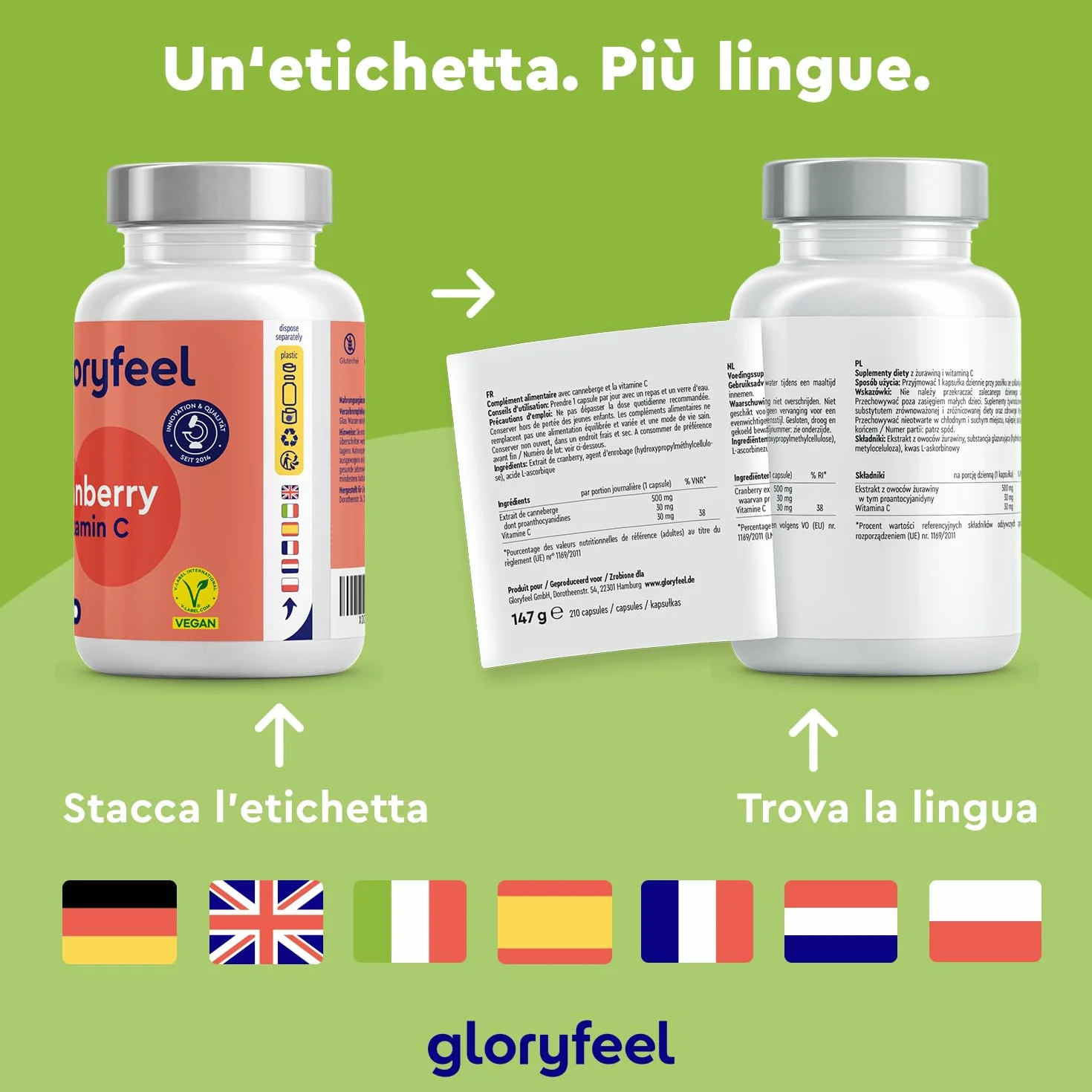Cranberry Capsule 210 con Estratto di Mirtillo Rosso + Vitamina C, Integratore ad Alto Dosaggio per Vie Urinarie, Vegan