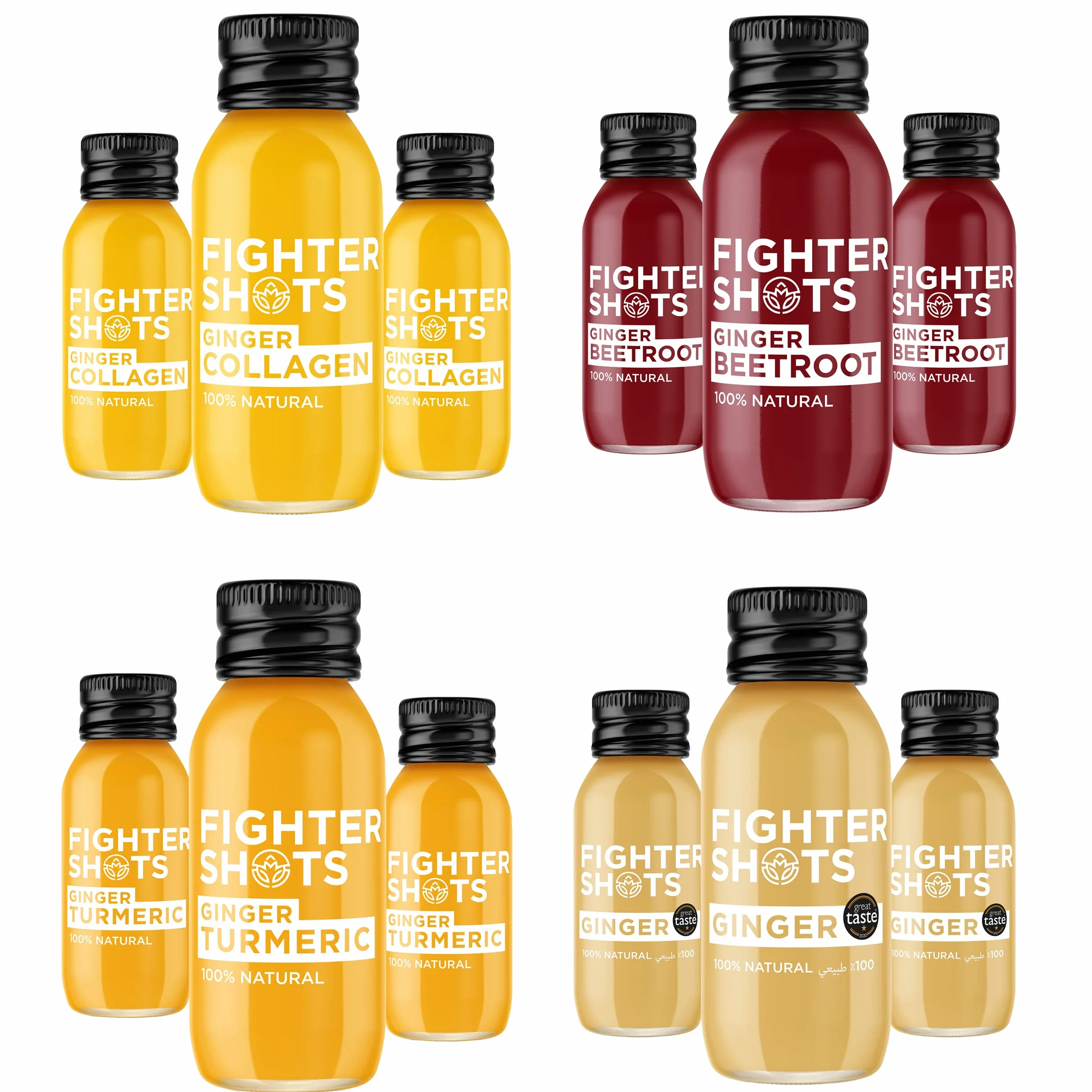 Fighter Shots Mixed Pack 12x60ml Ginger Turmeric Collagen Beetroot 100% Natural