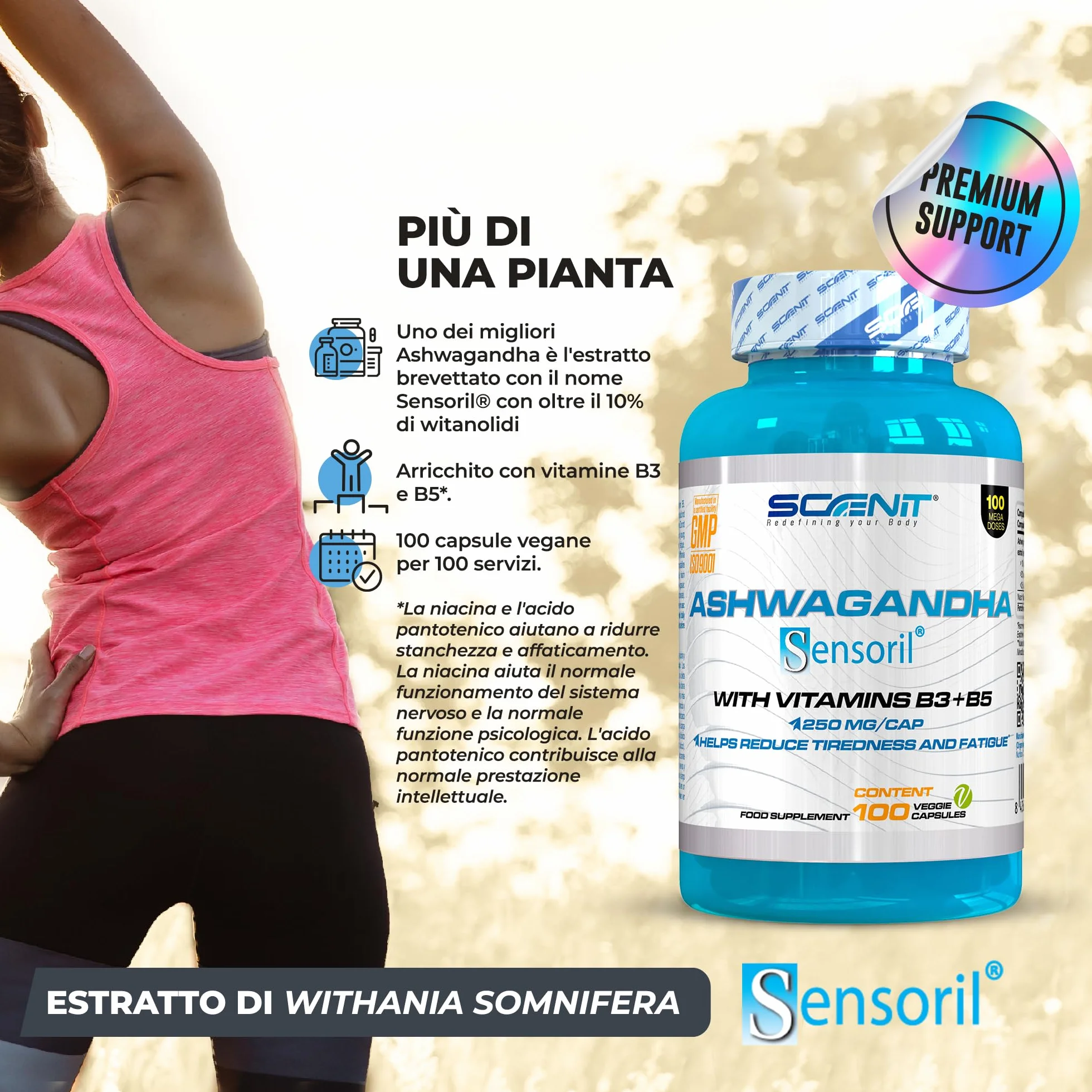 Ashwagandha Sensoril capsule 250 mg 10% withoutanolides Vitamina B3 B5 100 vegane