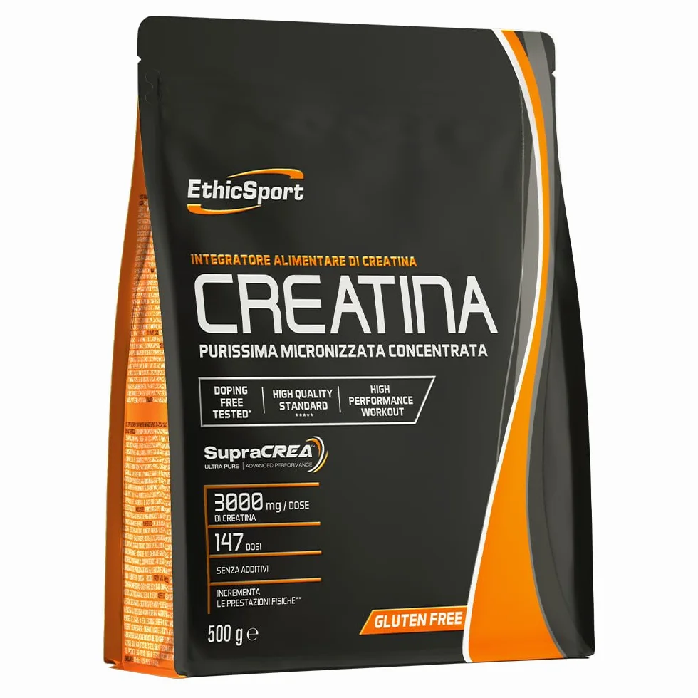 EthicSport CREATINA – Creatina monoidrato pura in polvere con SupraCREA™ – Incrementa le prestazioni fisiche in attività brevi e intense – elevata purezza, senza additivi – vegan, gluten free – 500 g