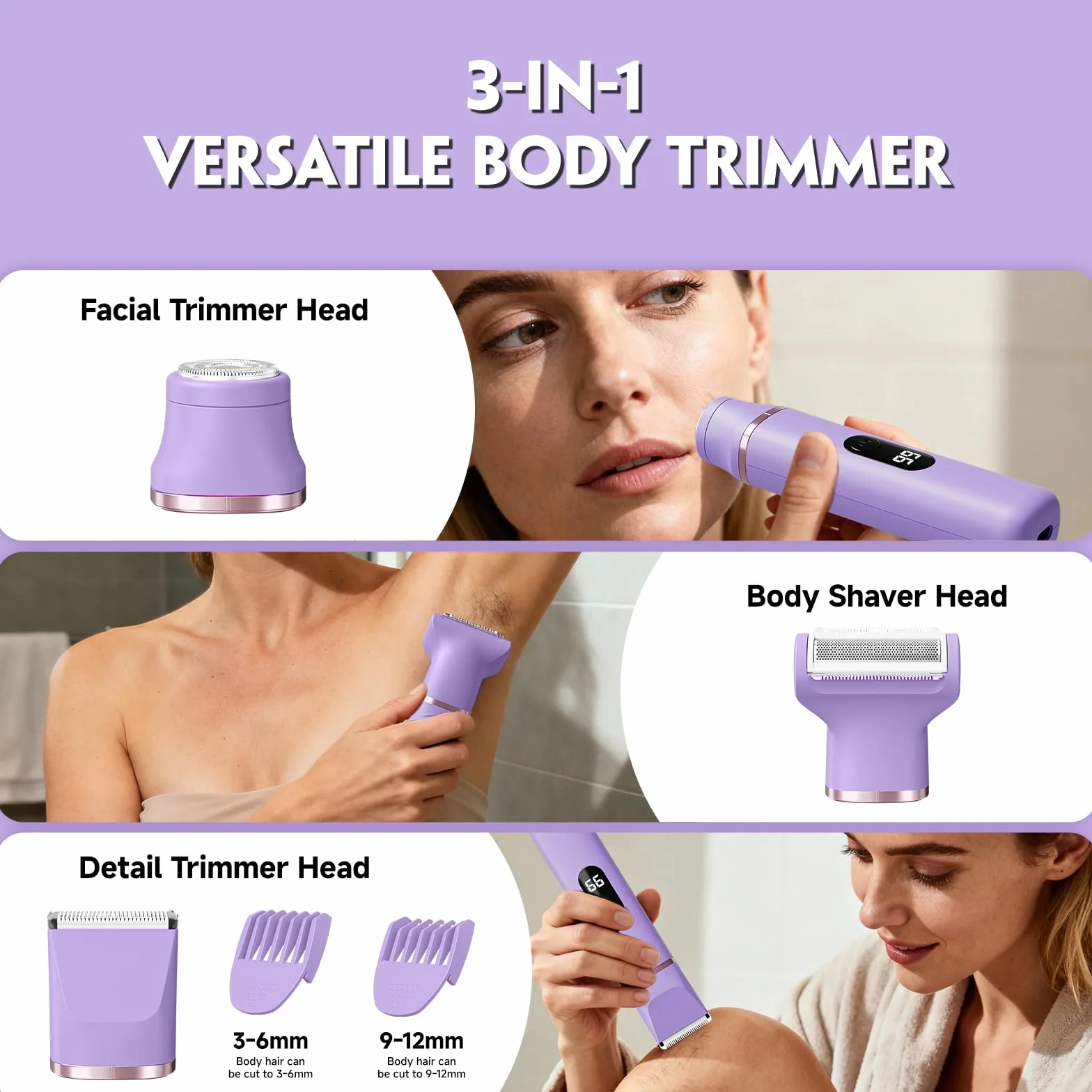 Rasoio elettrico indolore da donna, IPX7, impermeabile, senza fili, depilazione pubica, con dock di ricarica USB, per ascelle, gambe, braccia, corpo, viso, pelle setosa (lilla)
