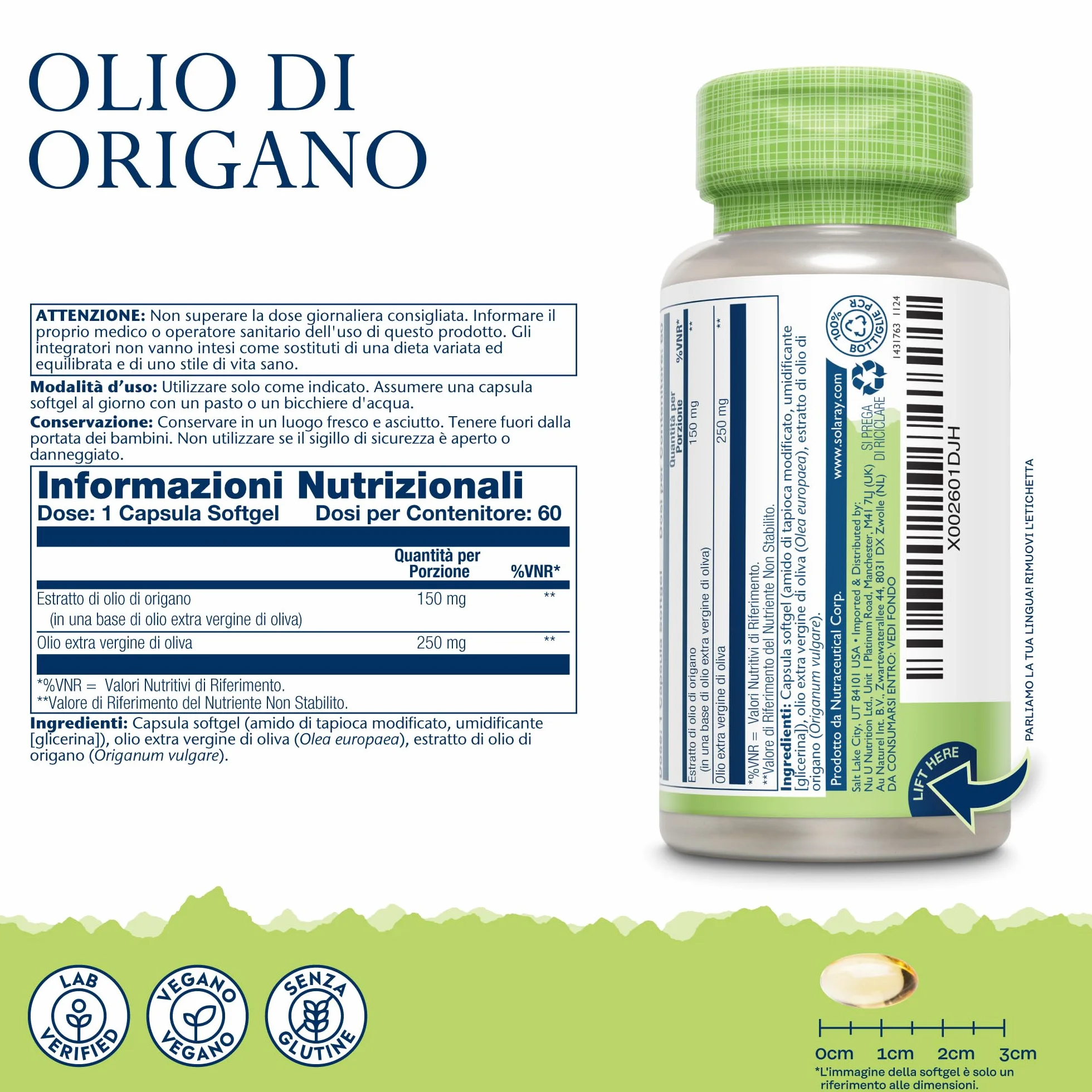 Solaray Olio di Origano 150mg 60 Capsule Softgel Vegane con Olio Extravergine d'Oliva - Fonte Naturale di Carvacrolo, Omega 3 e 6