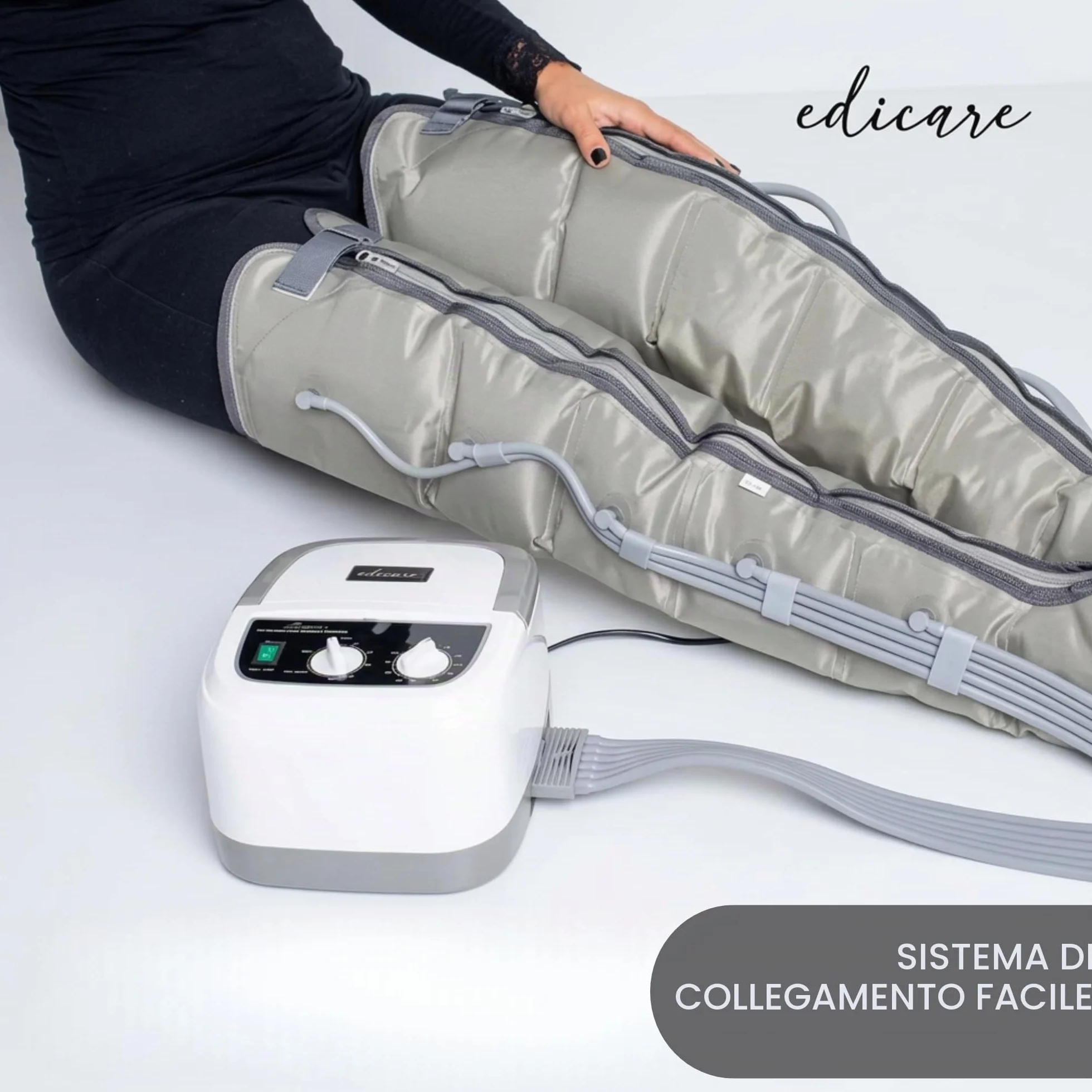 Edicare, Pressoterapia per Casa, Linfodrenaggio, Professionale, Apparecchio Massaggiatore, Gambe e Piedi, Anticellulite, 6 Camere d’aria (Dispositivo e gambali)