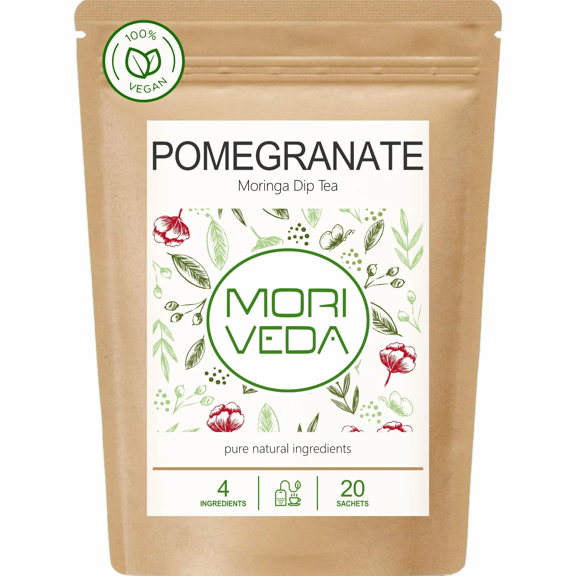 Tè Moringa 100% naturale e vegano (a scelta mix di erbe, mela cannella, melograno, zenzero, menta). Qualità 1A (20 bustine di tè Moringa-Melograno)