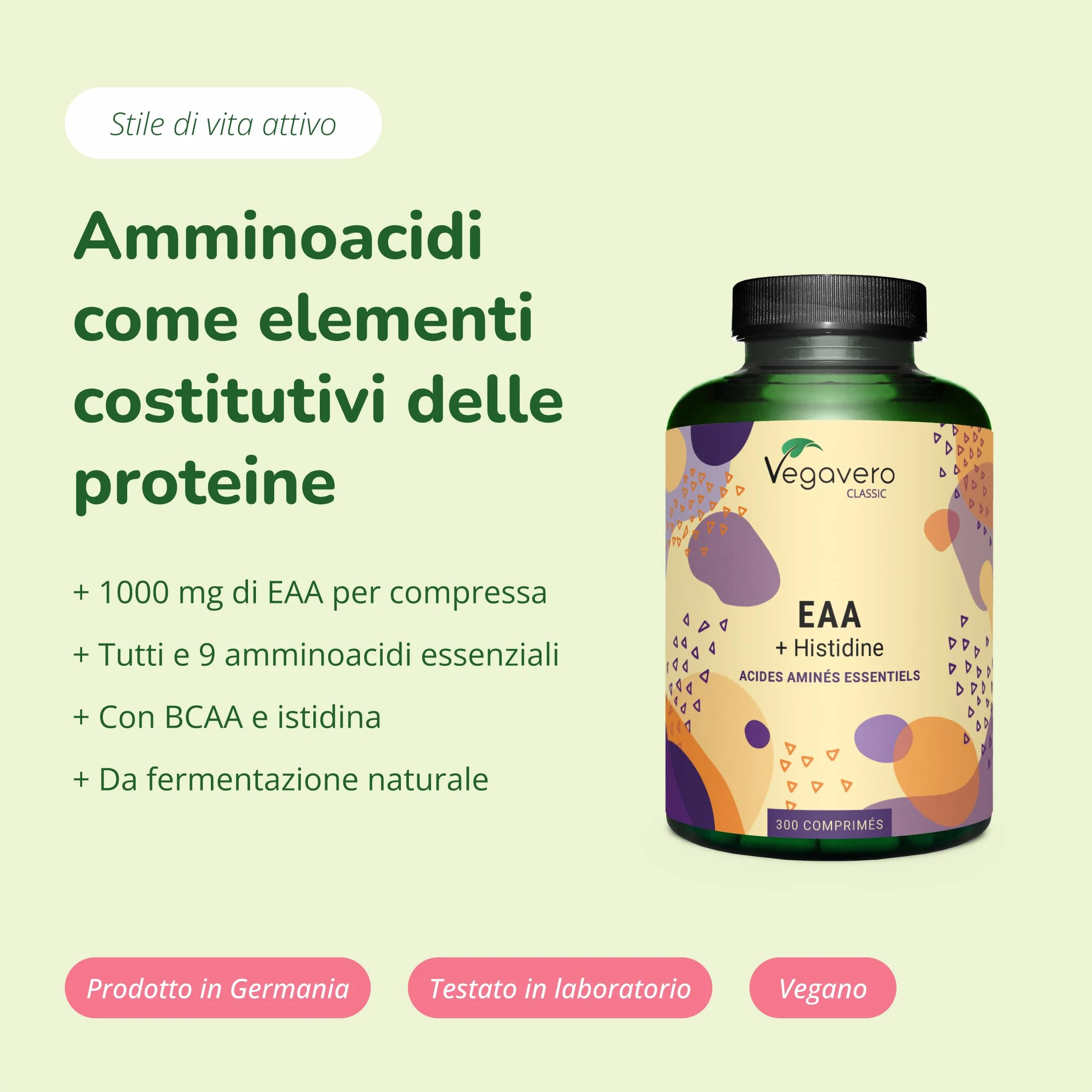 EAA Aminoacidi Essenziali | NATURALI da Fermentazione e SENZA ADDITIVI | Con Aminoacidi Ramificati BCAA 2.1.1 | 300 compresse | VEGAN | Vegavero