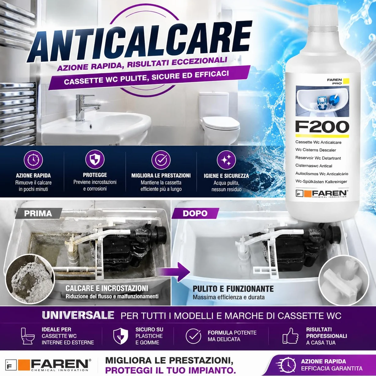 FAREN Disincrostante Anticalcare F200 1L - Elimina Calcare da Cassette Scarico e Serbatoi Water, Sicuro su Plastiche e Gomme