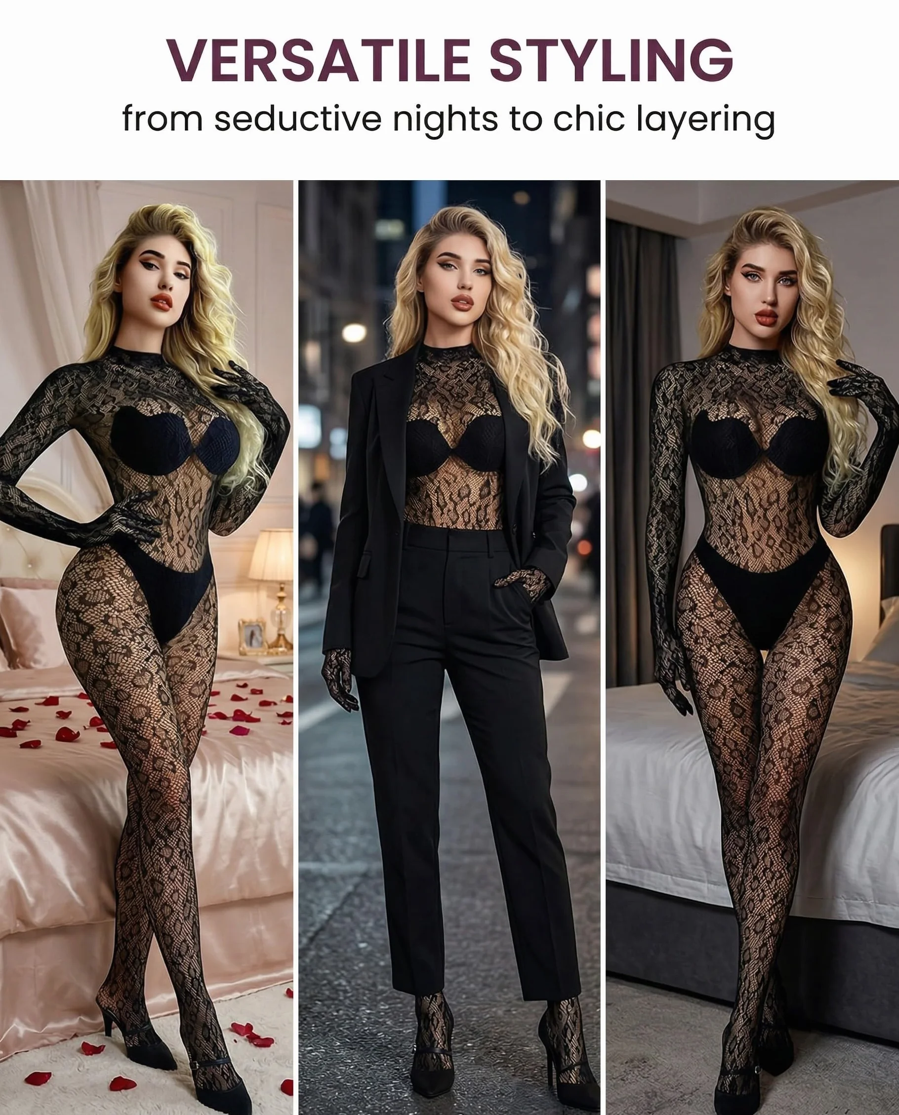 Body Pizzo Leopardato Rete Trasparente a Maniche Lunghe Nero Donna