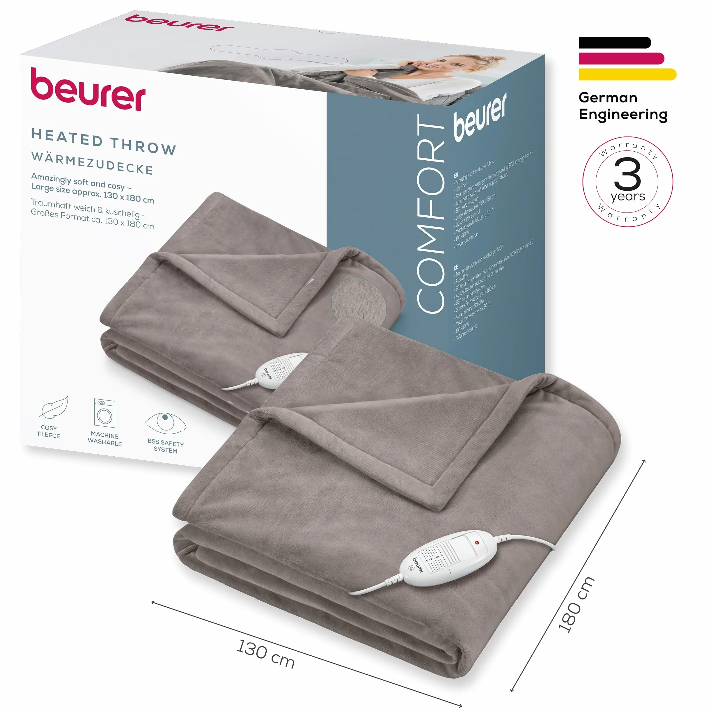 Beurer HD 75 Cosy Coperta Elettrica con Dispositivo di Termoregolazione Elettronico, 6 livelli di temperatura e spegnimento automatico dopo 3h, colore Taupe