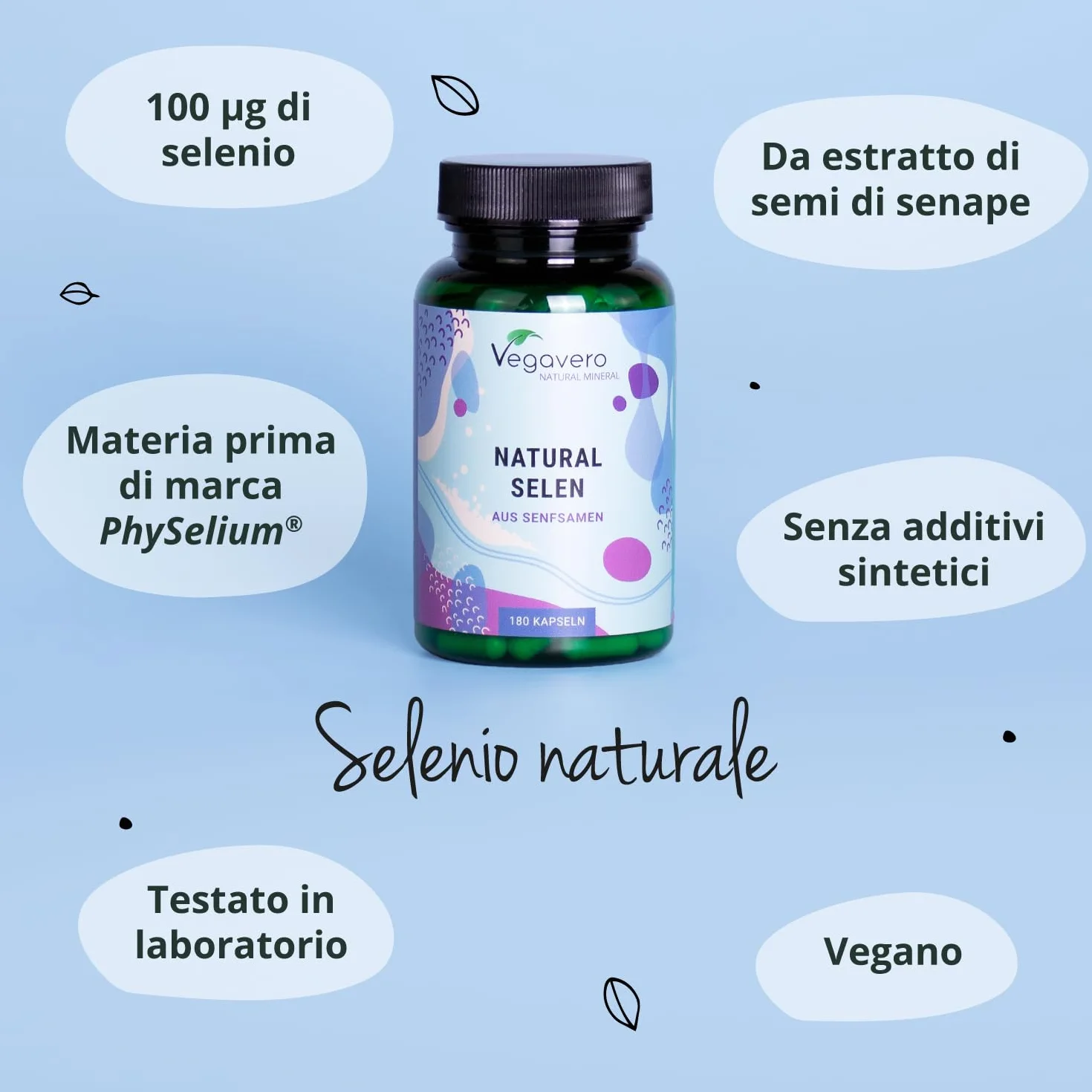 Selenio Integratore | 100 mcg | 100% NATURALE | 180 capsule (6 mesi di fornitura) | Certificato in Laboratorio | Vegan e Senza Additivi Artificiali | Vegavero®