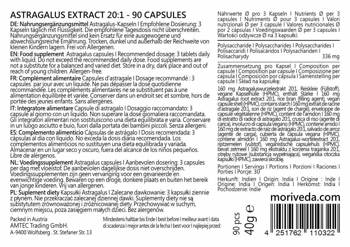 MoriVeda® Astragalus capsule 1600 mg estratto di radice di tragacanto polvere 112 mg polisaccaridi vegan senza glutine 90 capsule