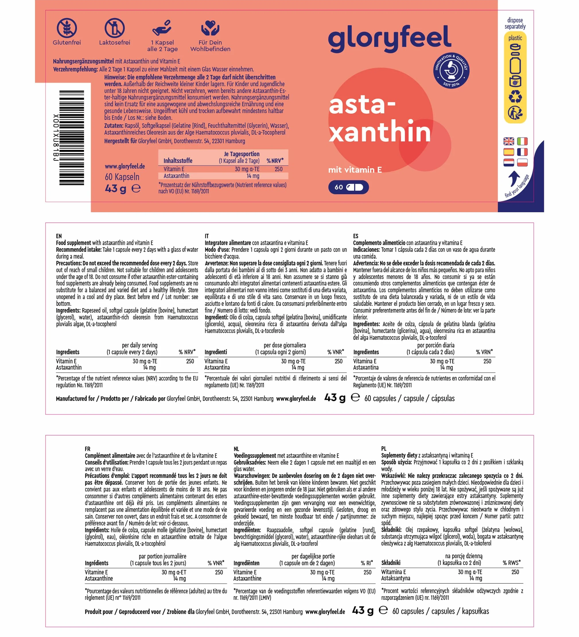 Astaxantina Naturale 14 mg 60 Capsule Haematococcus Pluvialis Estratto 190 mg Alto Dosaggio Vitamina E