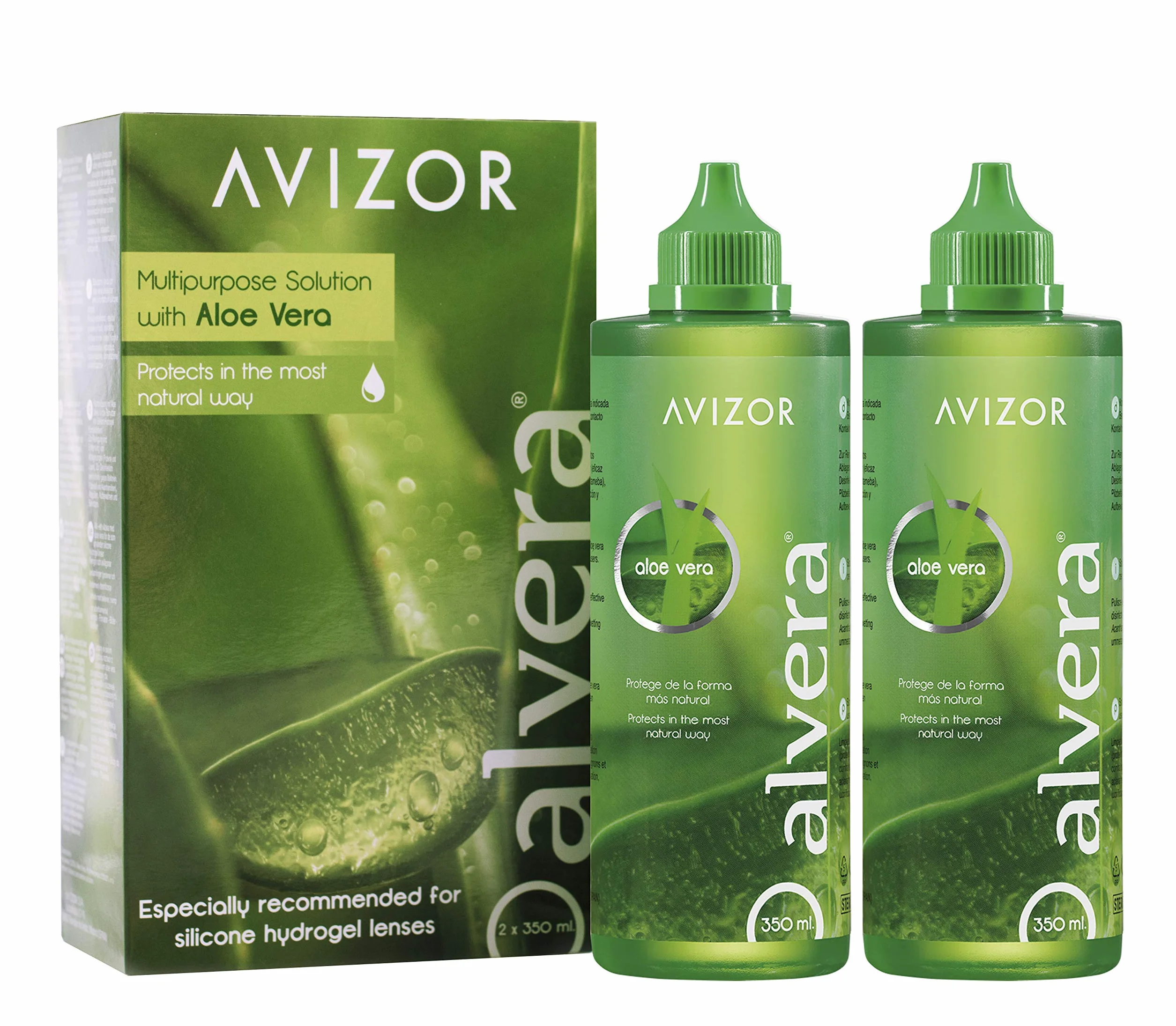 Avizor Liquido per lenti a contatto Alvera 2 × 350 ml con custodie. Soluzione per la pulizia e la disinfezione di tutti i tipi di lenti a contatto morbide.