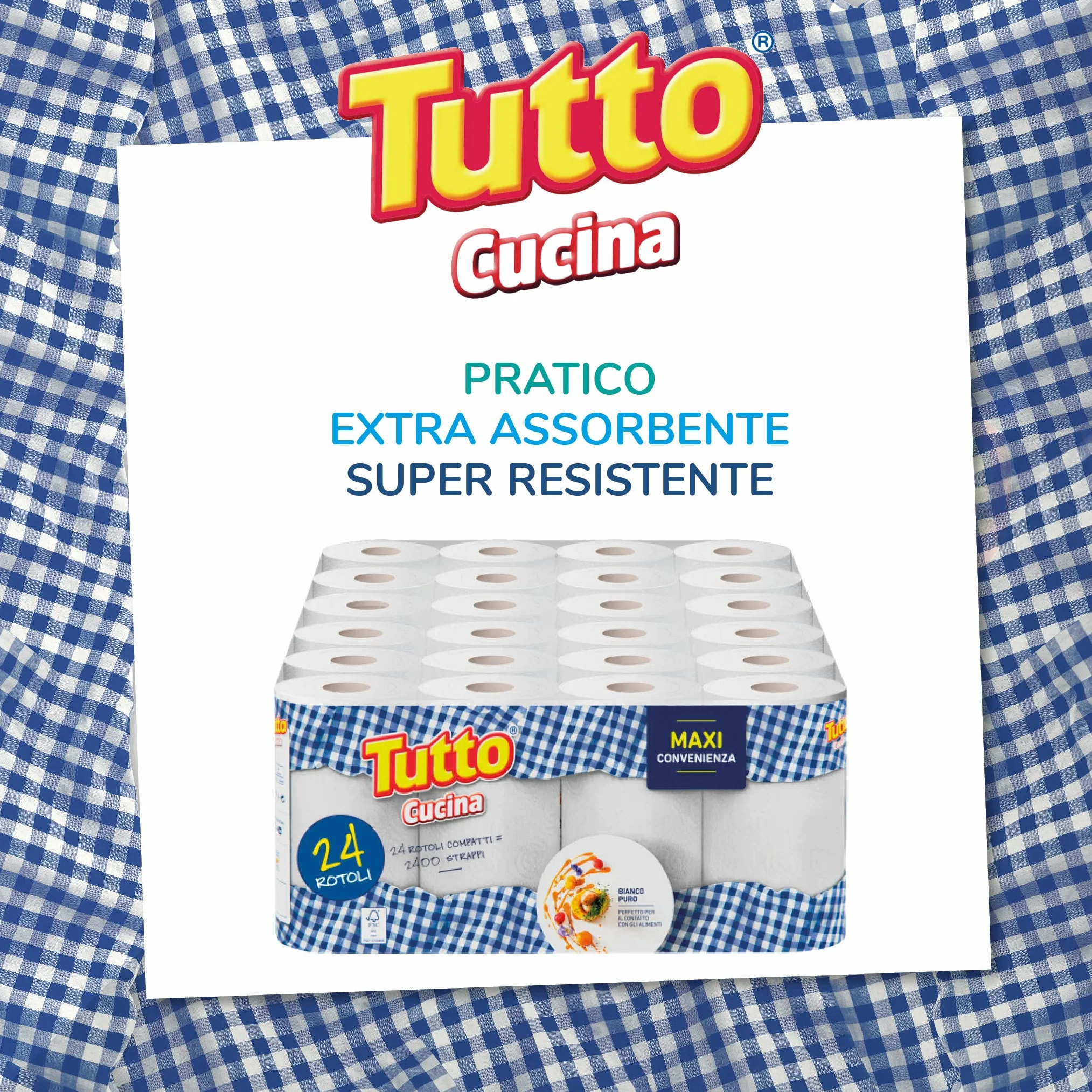 Tutto Cucina 24 Maxi Rotoli Carta 2 Veli 100 Strappi Extra Assorbenti Super Resistenti Contatto Alimenti Made in Italy