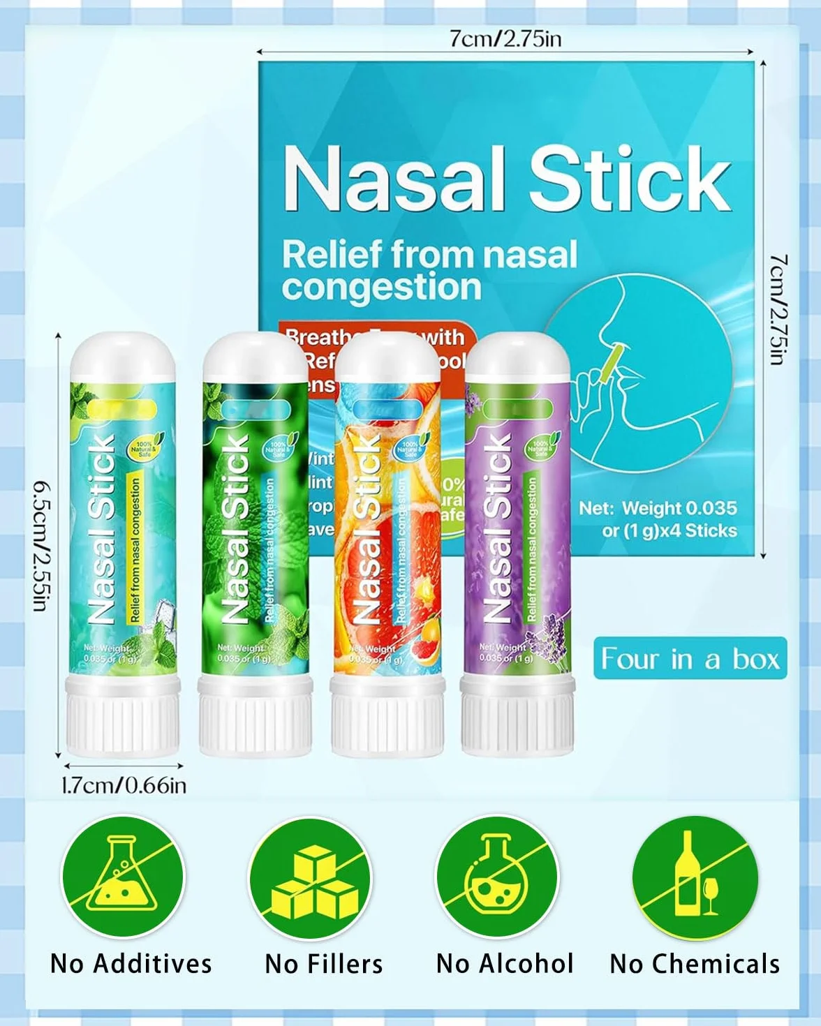 4 Pack Nasal Stick, Inalatore Nasale per Rapido Sollievo dal Naso Chiuso, Migliora la Respirazione e la Concentrazione con Oli Essenziali e Mentolo, Ideale per Studio, Lavoro e Viaggi