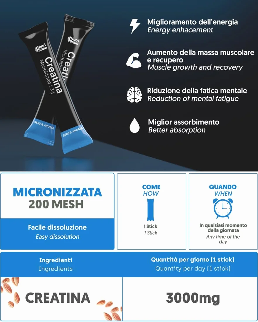 Creatina Monoidrata Pura in Stick 3000 mg | Integratore per Palestra: Forza, Massa Muscolare, Resistenza, Recupero, Energia e Agilità Mentale | Vegana, Senza Glutine, Non OGM | Per Uomo e Donna