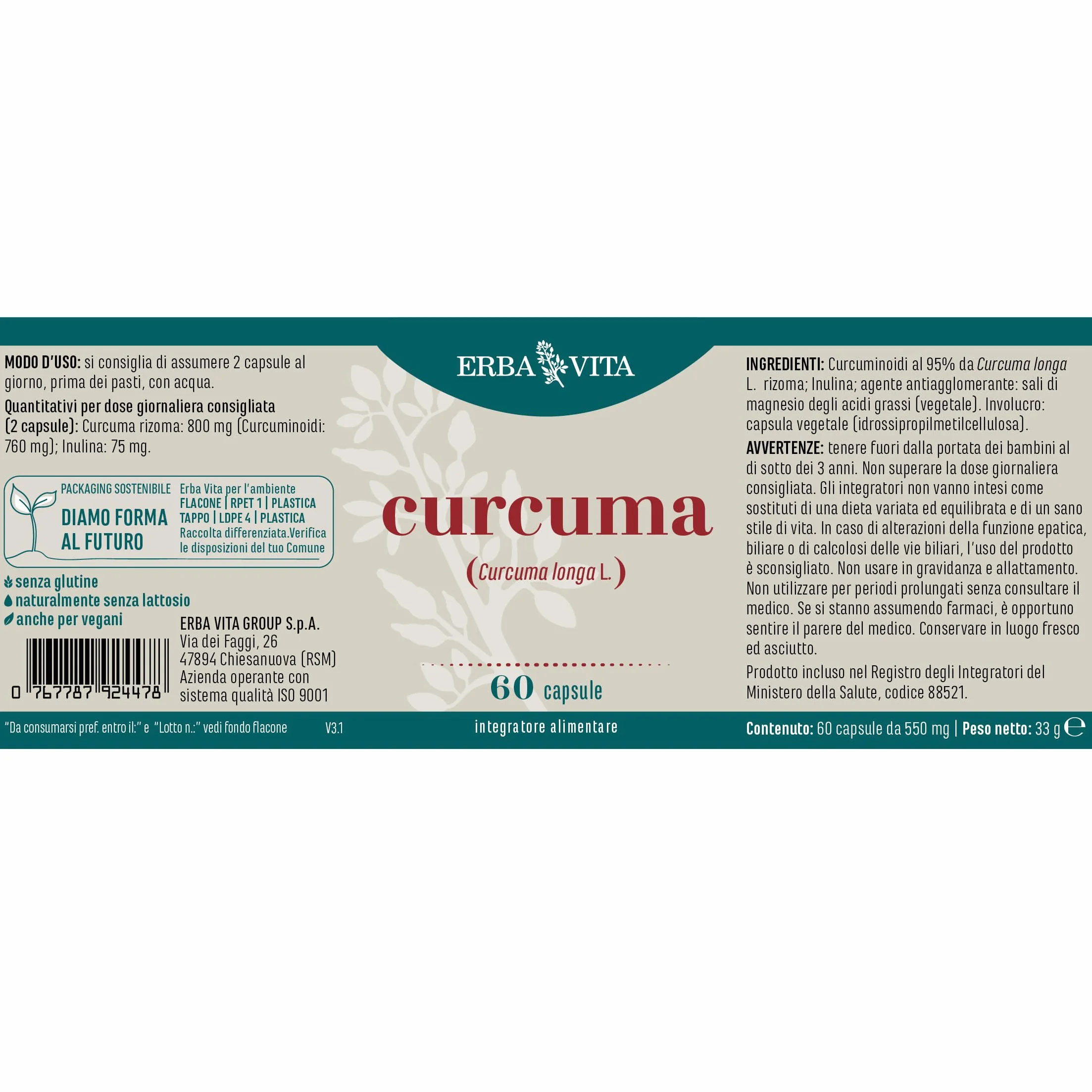 ERBA VITA Integratore Alimentare Curcuma 60 Capsule Funzionalità Articolare