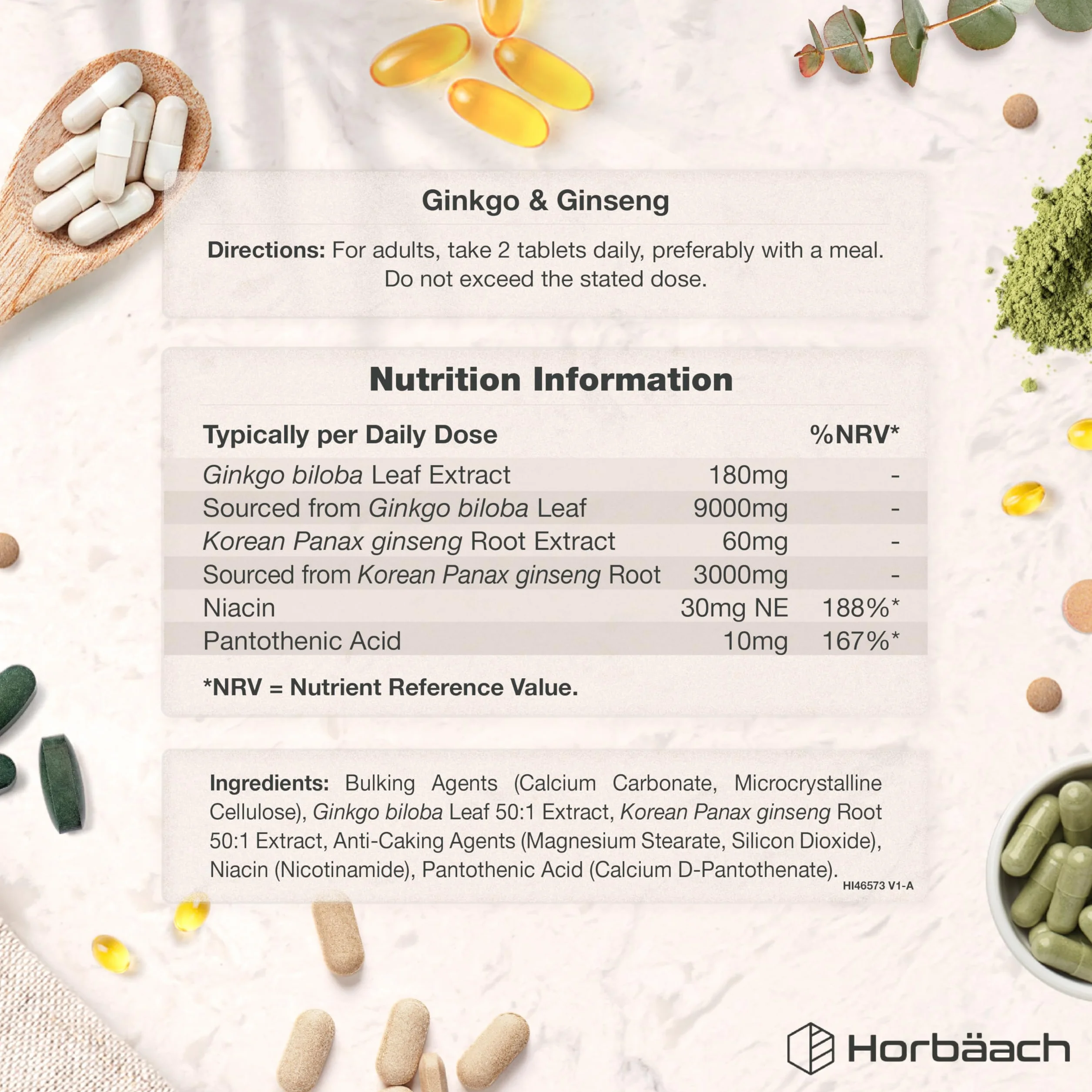 Horbaach Ginkgo Biloba e Ginseng Integratore 9000 mg 3000 mg 180 compresse vegane