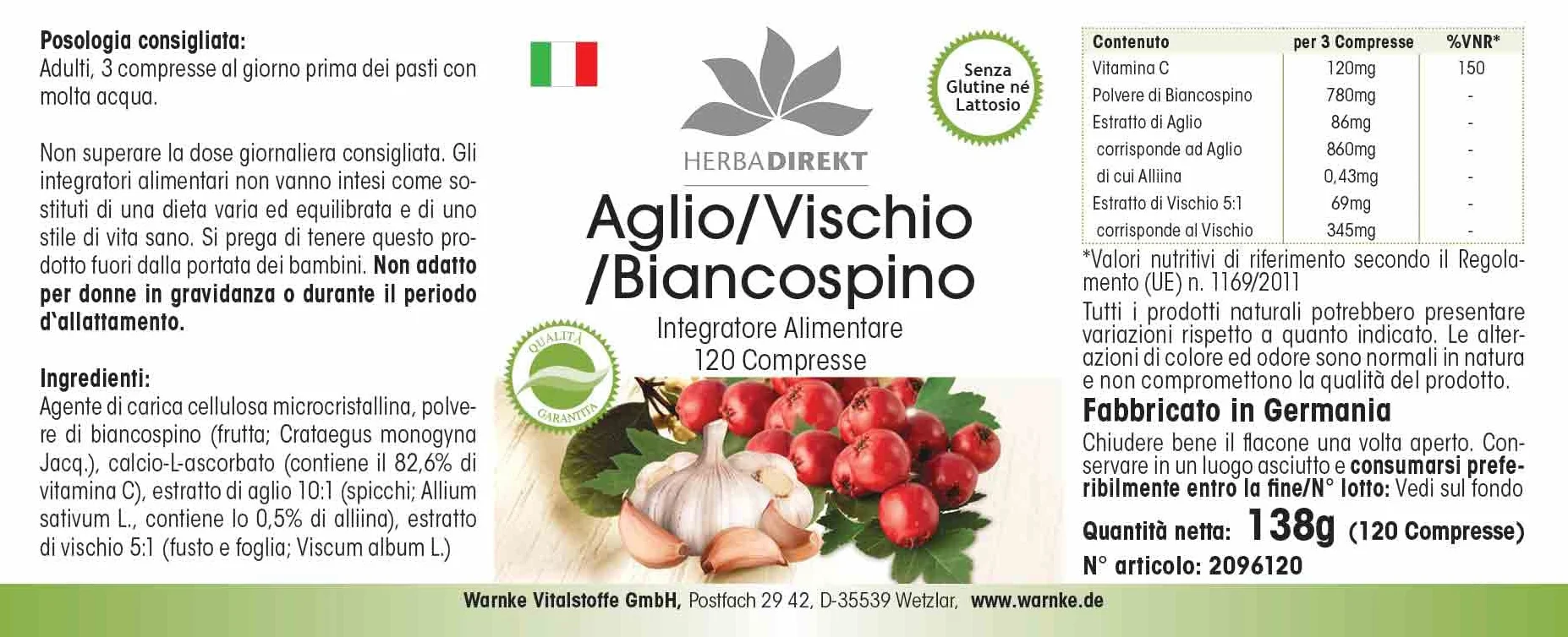 Biancospino vischio d'aglio - 120 compresse con vitamina C, altamente dosato, vegano | HERBADIREKT by Warnke Vitalstoffe - Qualità da farmacia tedesca