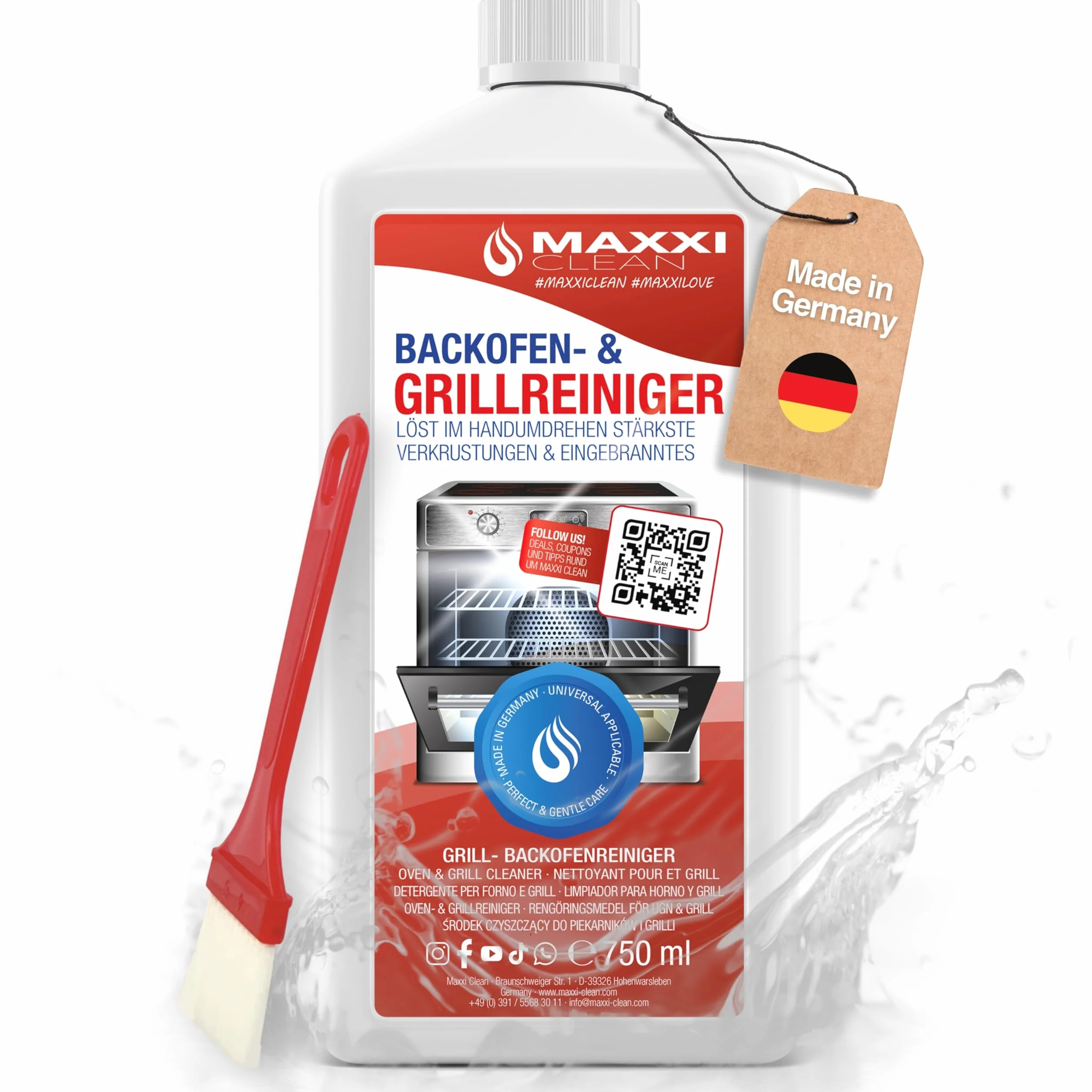 Maxxi Clean | Kit di pulizia per forno e grill | 750 ml di gel con 1 pennello | detergente e sgrassatore extra potente per forno, piano cottura e grill | scioglie le incrostazioni