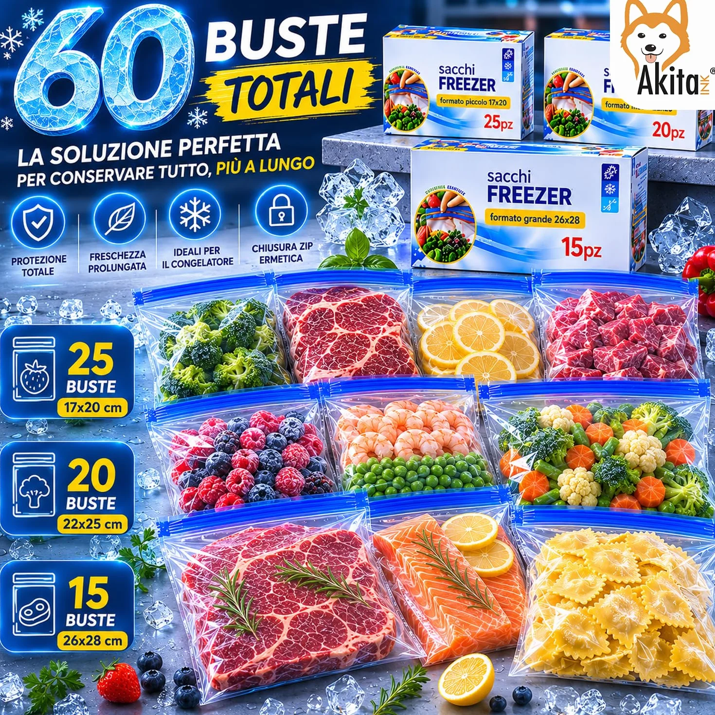 AkitaInk Set 60 Sacchetti Freezer con Chiusura Zip, Buste Gelo Alimentari Richiudibili in 3 Misure Assortite per Conservazione Cibi