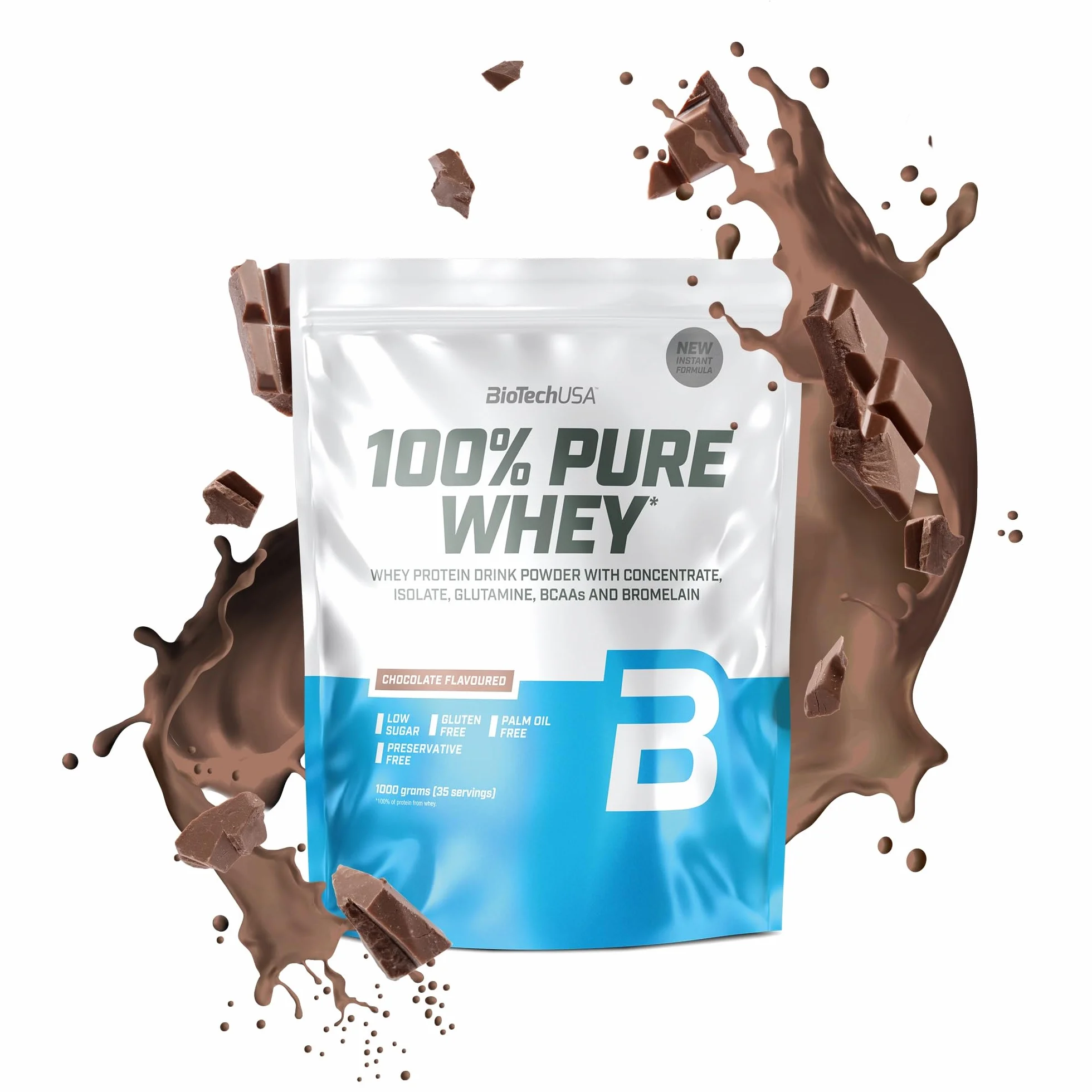 BioTechUSA 100% Pure Whey Proteine del siero di latte con bromelina, senza zuccheri, 1 kg, Cioccolato