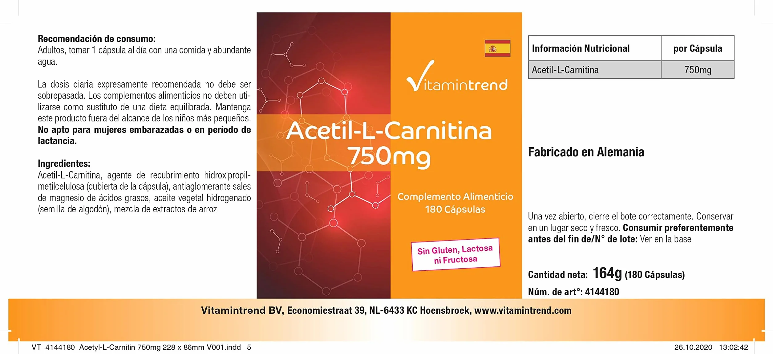 Vitamintrend Acetil-L-Carnitina 750 mg, 180 capsule, ad alto dosaggio, integratore alimentare vegano senza stearato di magnesio, prodotto in Germania