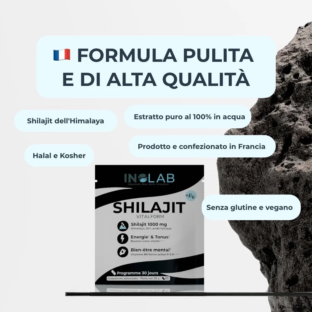 INOLAB Shilajit Puro Originale Himalaya | Titolato al 50% in Acido Fulvico I Integratore per Energia, Equilibrio ormonale, Vitalità maschile e Benessere Mentale I Shilajit Mumijo Capsule Vegan