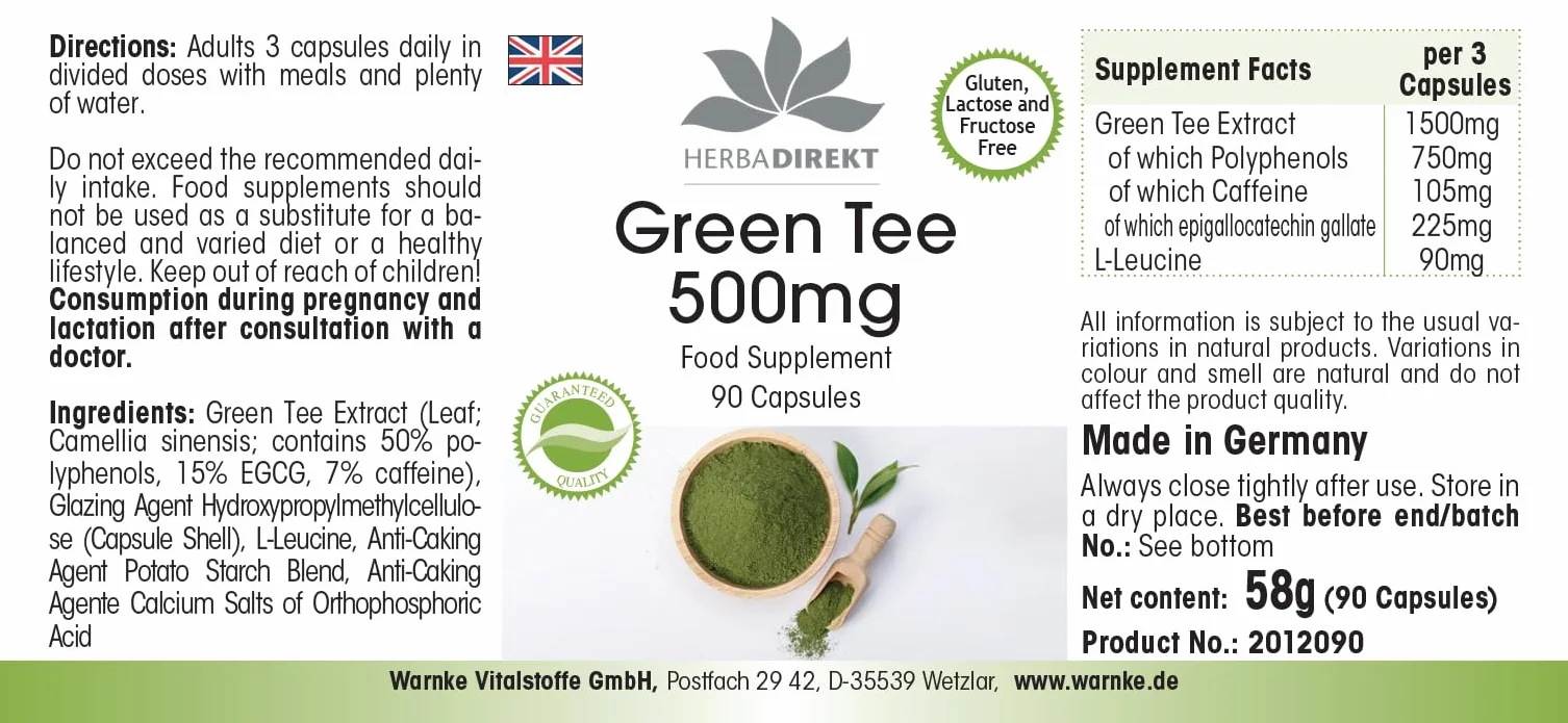 Estratto di tè verde - 90 capsule - 1500mg per dose giornaliera - EGCG - Camellia sinensis - min. 50% di polifenoli - vegano | HERBADIREKT by Warnke Vitalstoffe - Qualità farmaceutica tedesca
