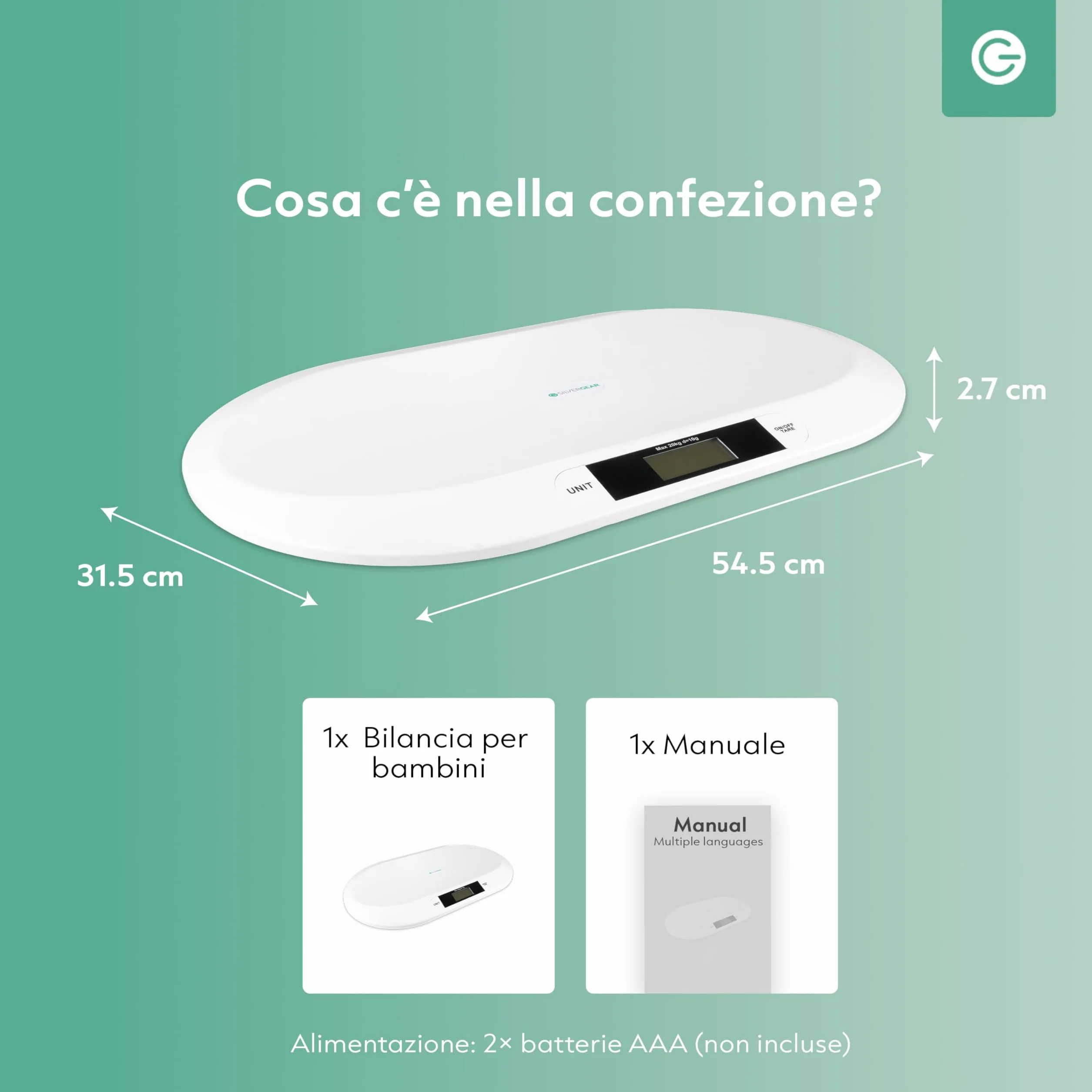 Silvergear Bilancia intelligente per neonati Bluetooth 20 kg app Smart Life 54,5 x 31,5 x 2,7 cm