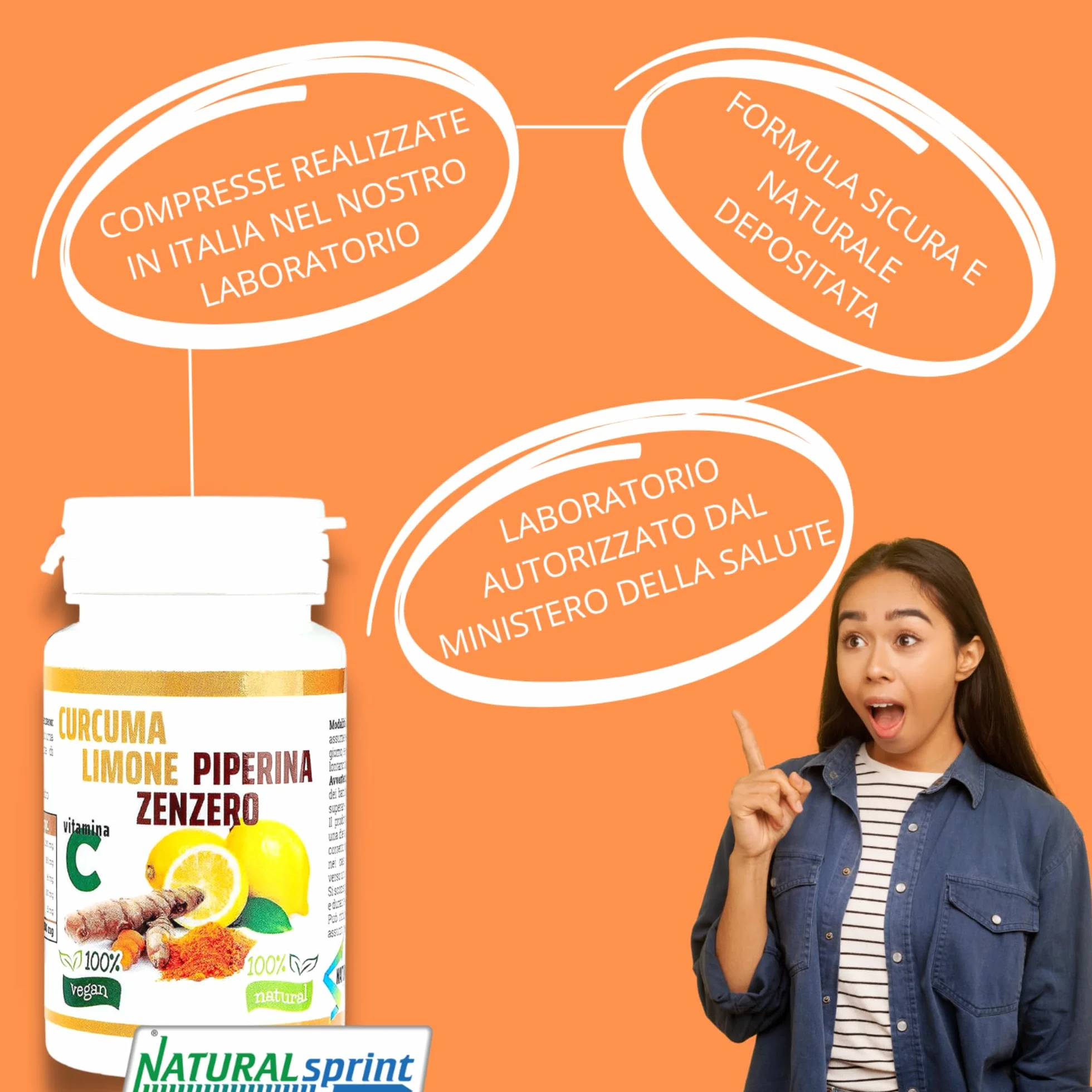 Curcuma 5000 mg Vitamina C Piperina Zenzero 130 Compresse Vegane Senza Zuccheri Senza Glutine Made in Italy