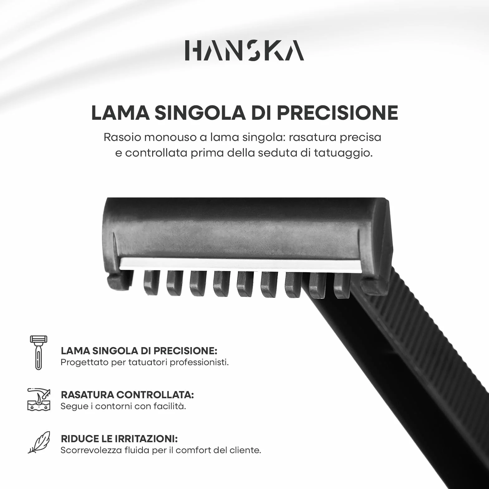 HANSKA Tattoo Supply - Rasoio usa e getta per tatuatori - Nero - Lama in acciaio di alta qualità - Confezione da 100 pezzi - Rasatura comoda (MONOLAMA)