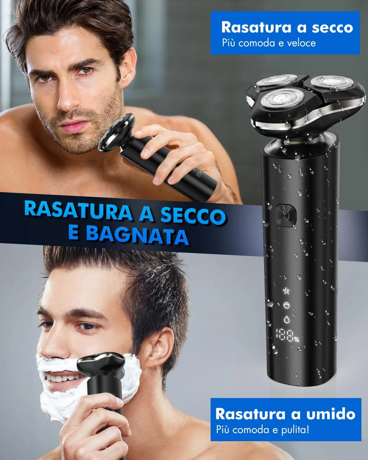 Rasoio Elettrico Barba Uomo IPX7 3D Rotativo con Display LED Wet & Dry Set 3 in 1