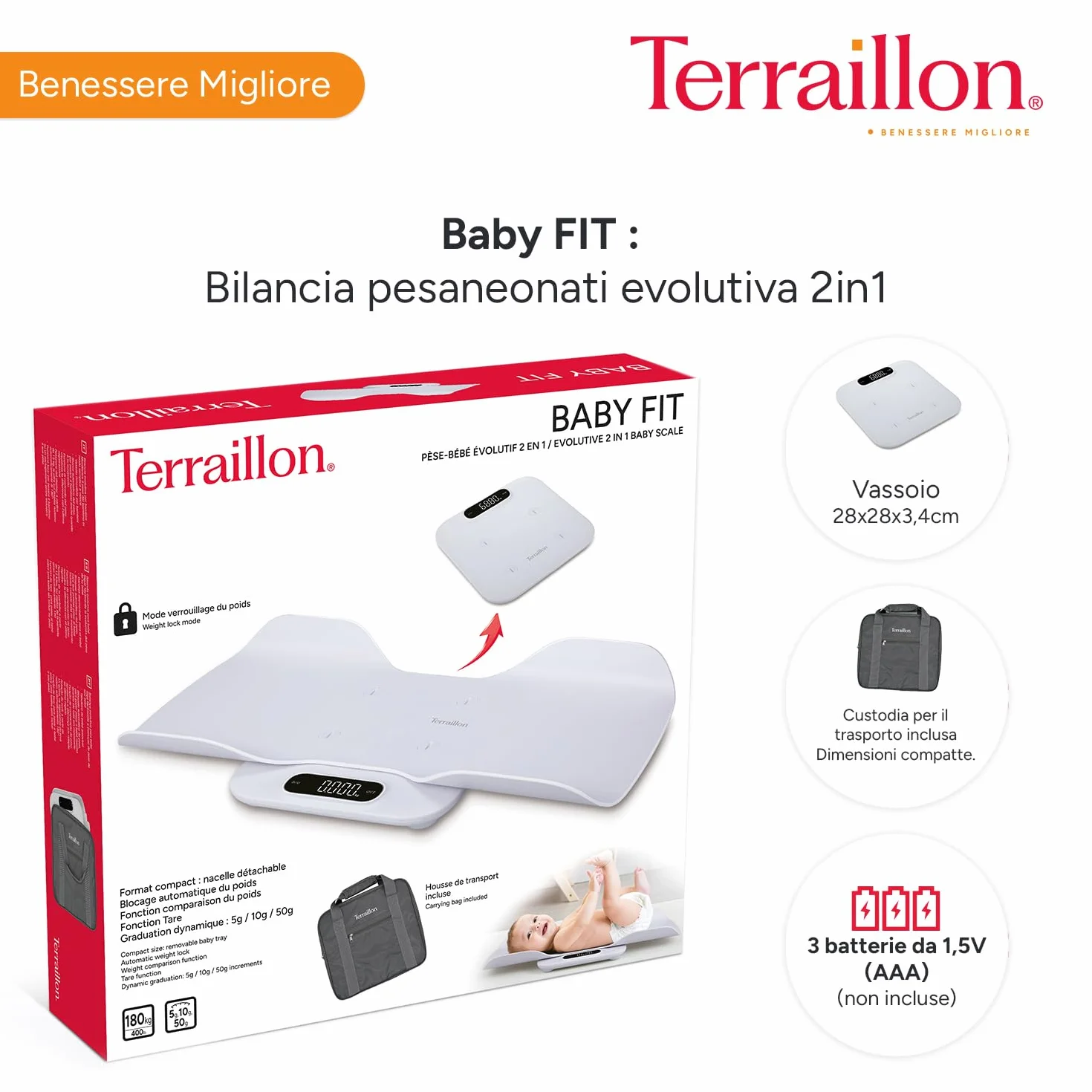 TERRAILLON BABY FIT Pesa Bambino 2 in 1 Elettronica Navicella Staccabile Confronto Peso Blocco Bambino Gradazione 5-10-15 g Capacità 180 kg Bianco