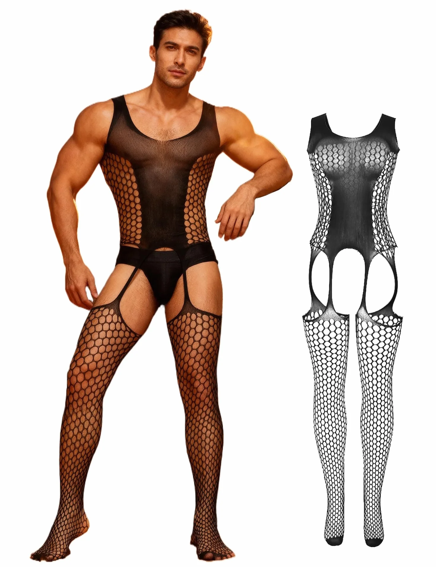 comeondear Bodystocking a Rete Uomo Sexy Body Aperto Hot Intimo Fishnet Calze Bodysuit Senza Maniche con Reggicalze Lingerie Sissy Hard