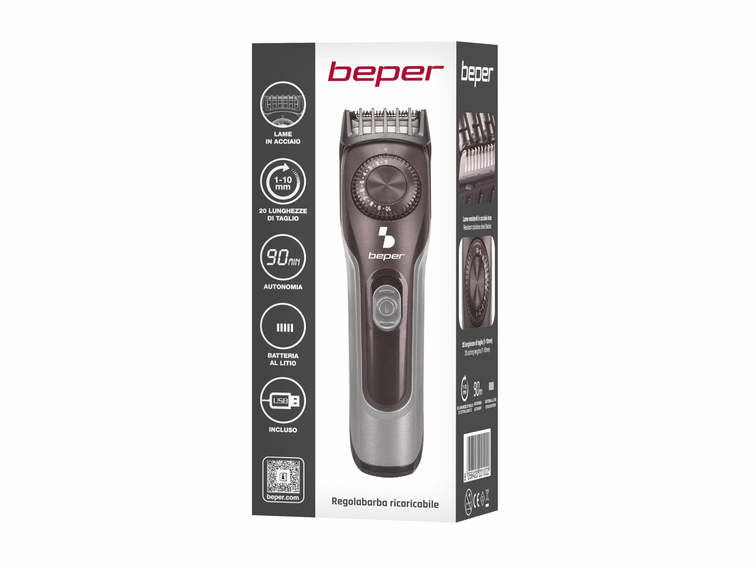 Beper 40.332 Regolabarba ricaricabile lame in acciaio inossidabile 20 lunghezze USB