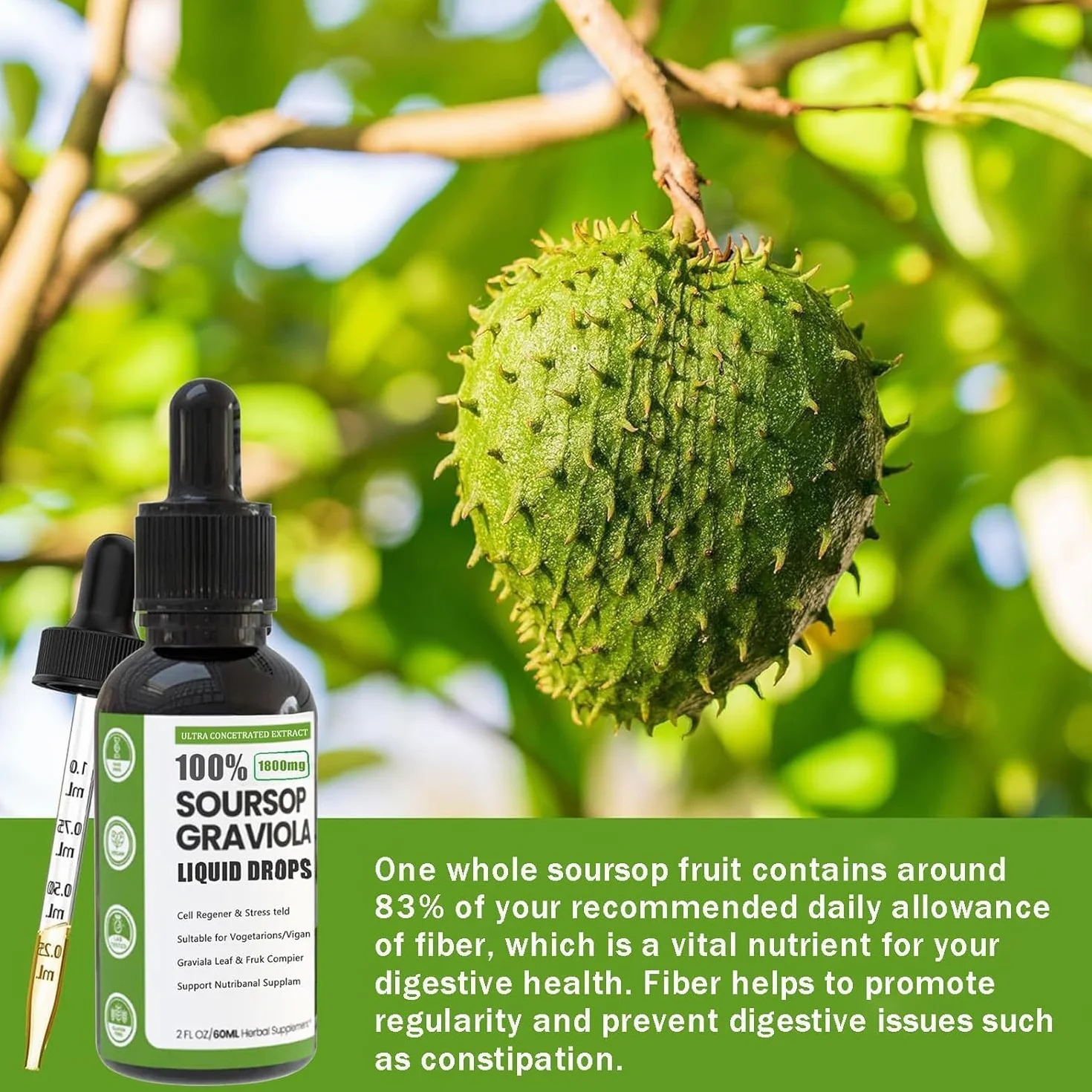 Naturesours Estratto di Soursop biologico, Naturesours 100% puro estratto di Soursop biologico, gocce liquide di graviola di Soursop stagnato 1800 mg, bontà di erbe, aroma naturale (1 pz)