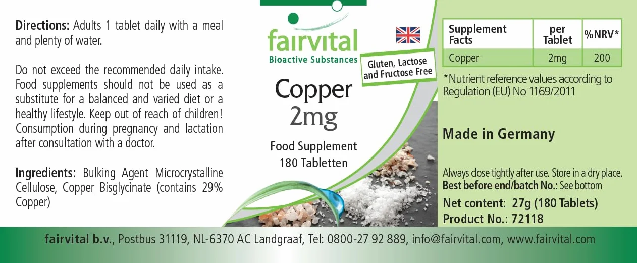 fairvital Rame 2 mg, 180 compresse, facili da deglutire, bisglicinato di rame, qualità testata e ad alto dosaggio, 100% vegano, Made in Germany
