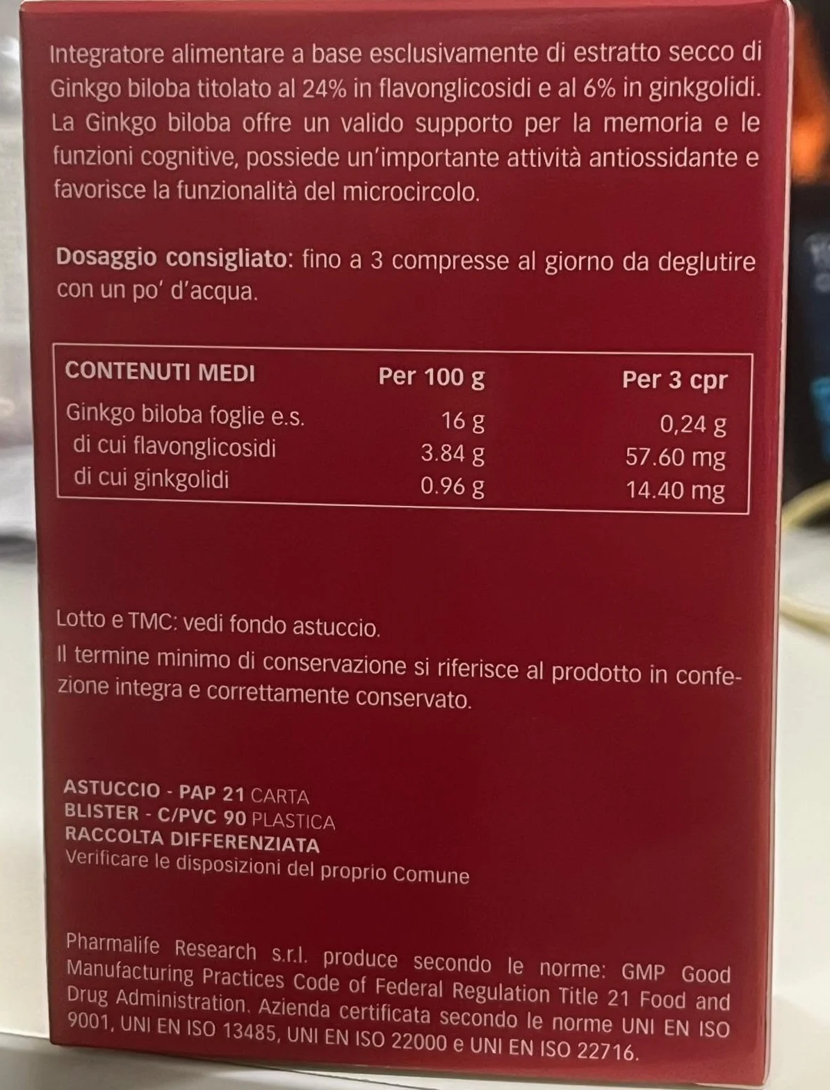 Pharmalife Ginkgo Biloba 100% 60 Compresse 30g