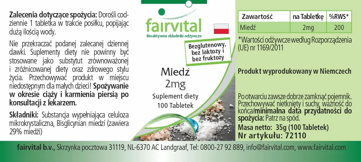 fairvital Compresse di rame 2 mg, ALTO DOSAGGIO, integratore alimentare a base di bisglicinato di rame, vegano, 100 compresse, facili da deglutire