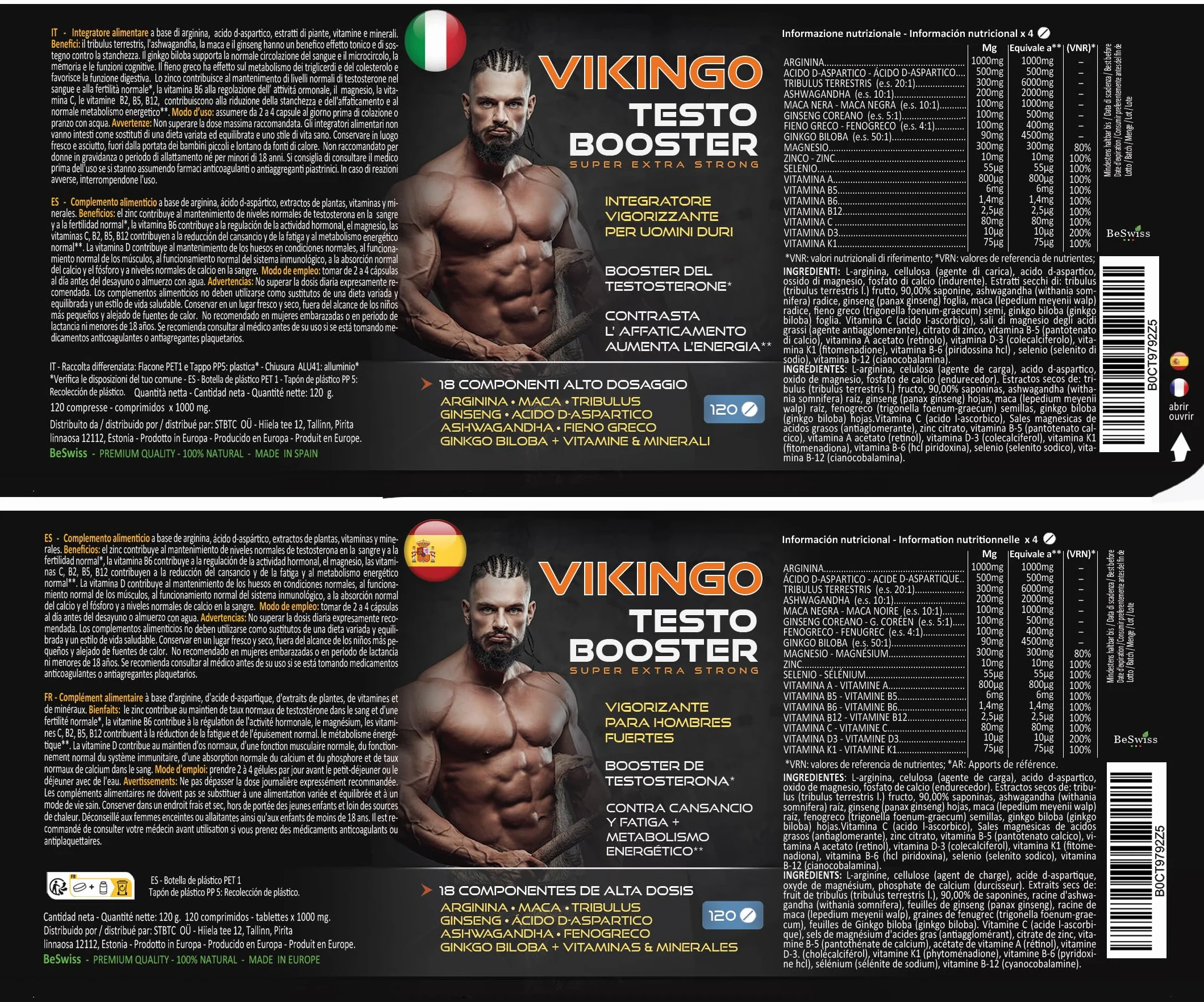 Testosterone Uomo, Massa Muscolare, VIKINGO 120 Testosterone Booster Stimolante Uomo - Integratore Energia con Maca, Tribulus, Ashwagandha, Arginina, Ginkgo Biloba, Fieno Greco, Vitamine e Minerali