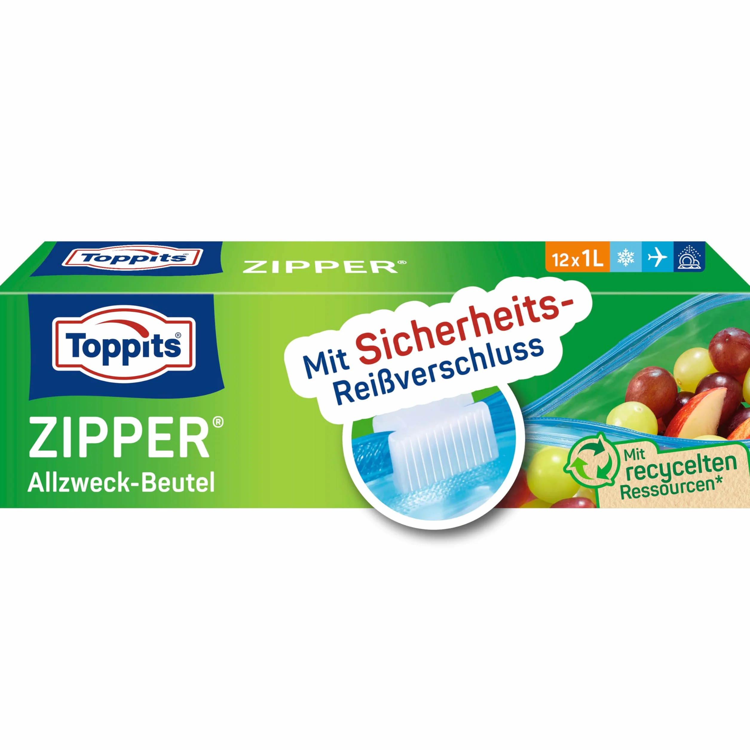 Toppits Zipper sacchetto multiuso pellicola speciale antistrappo, riutilizzabile, trasparente, capacità 1 litro, 1 x 12 pezzi