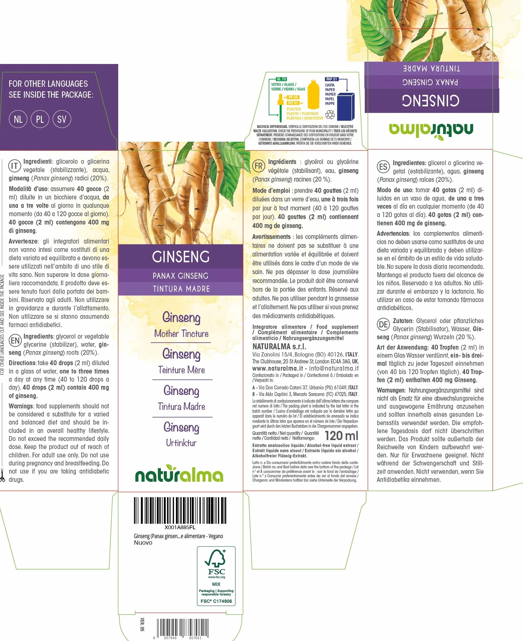Naturalma Ginseng (Panax ginseng) Tintura Madre analcoolica Estratto liquido gocce 120 ml Integratore alimentare Vegano