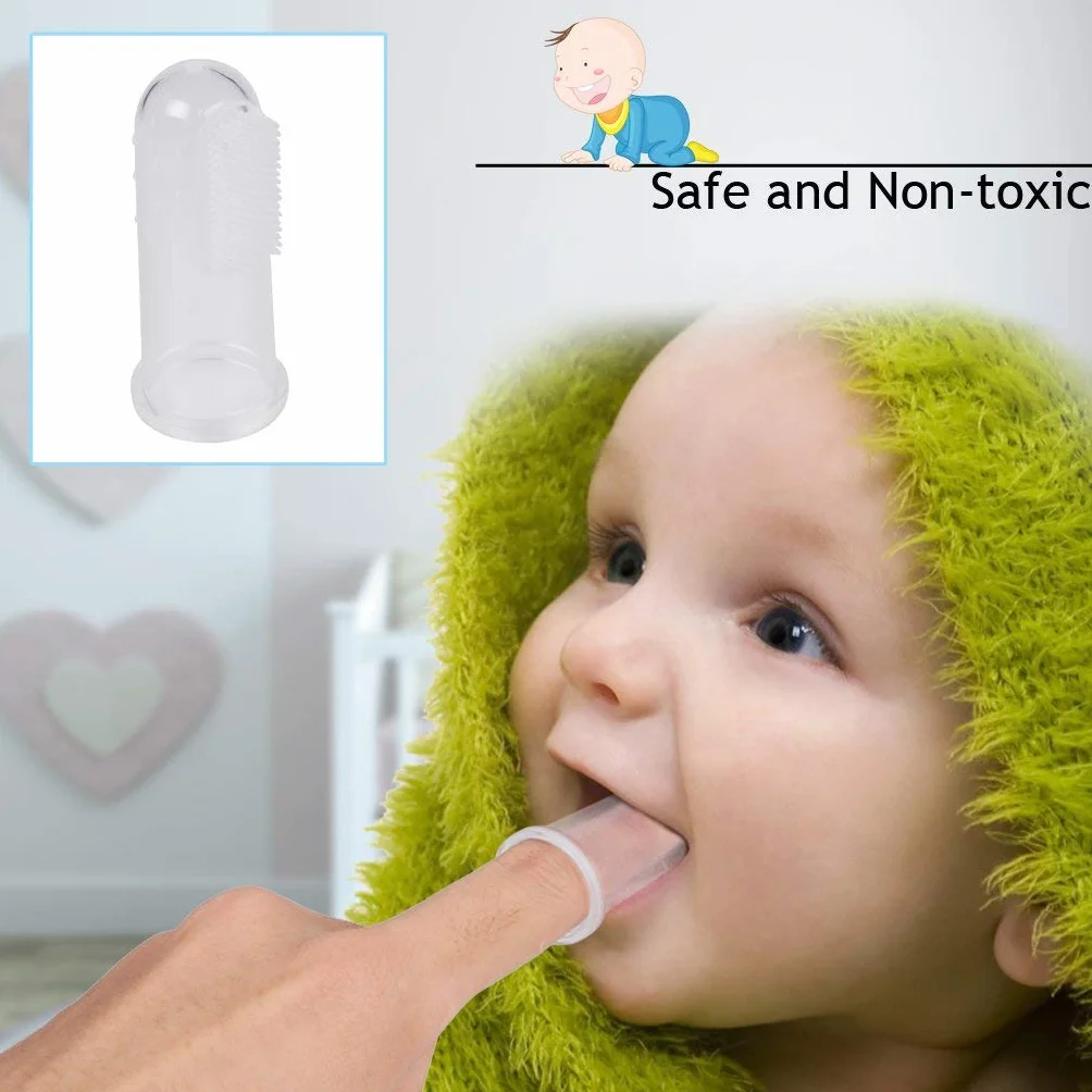 Spazzolino morbido & sicuro da denti per bambino, Spazzolino da denti di dito in Silicone per ragazzi, Spazzolino da denti in gomma, Impacco trasparente per massaggi (3 pezzi di insieme).