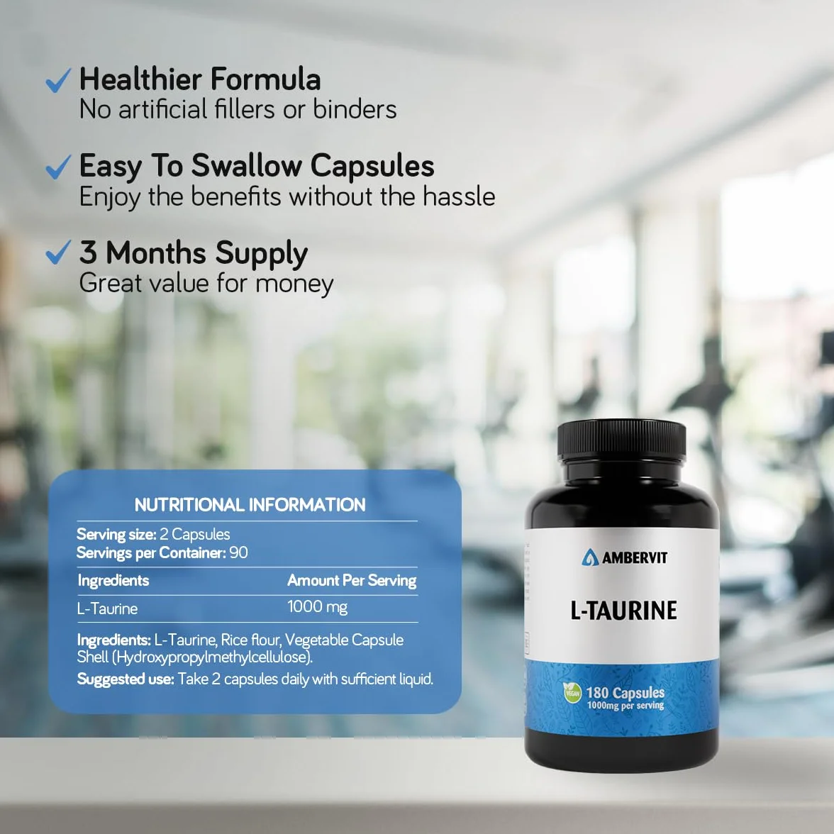Ambervit Taurina Integratore 1000 mg 180 capsule Aminoacido Vegano Alto Dosaggio Senza Riempitivi Artificiali Senza Glutine