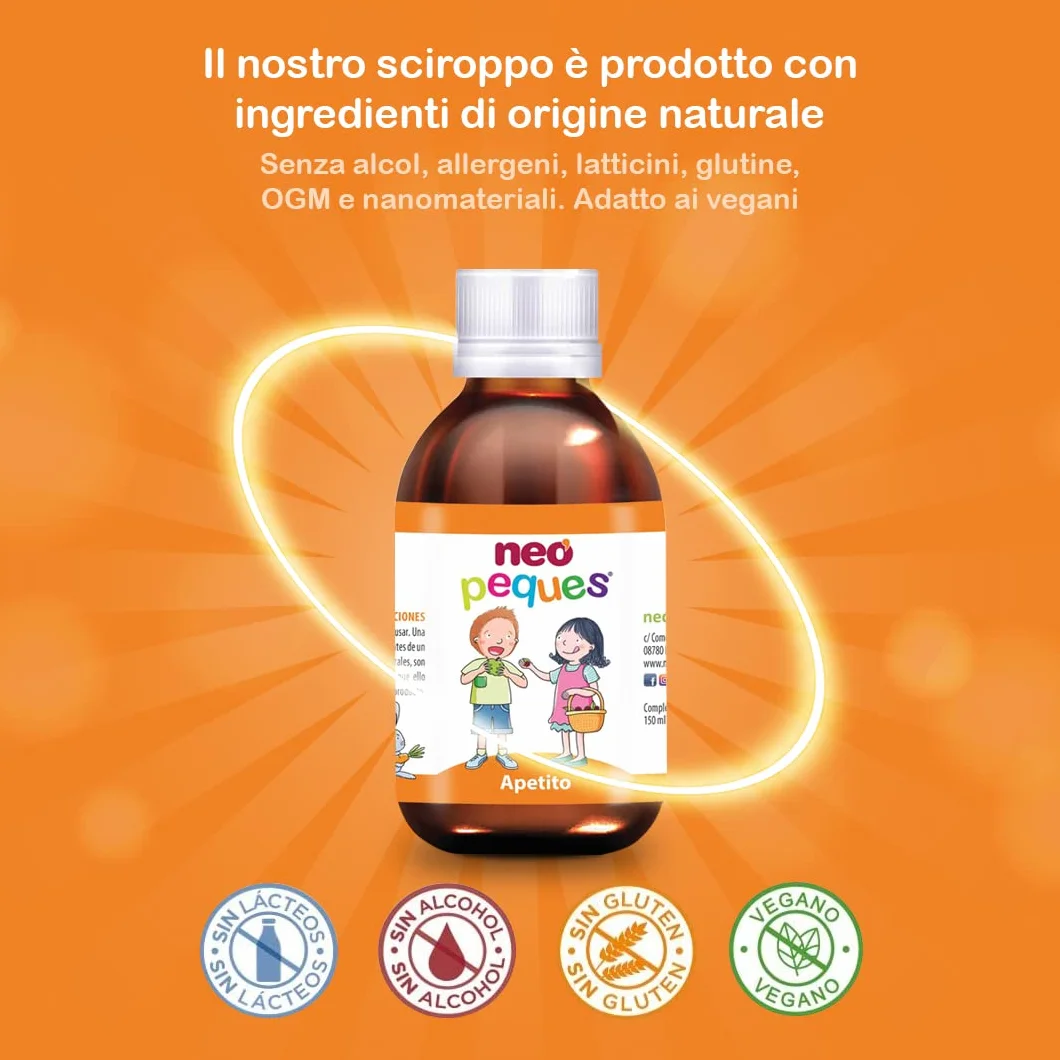 NEO PEQUES Sciroppo per Bambini Appetito 150 ml Stimola Appetito Riduce Stanchezza Estratti Vegetali Oligoelementi Gusto Lampone